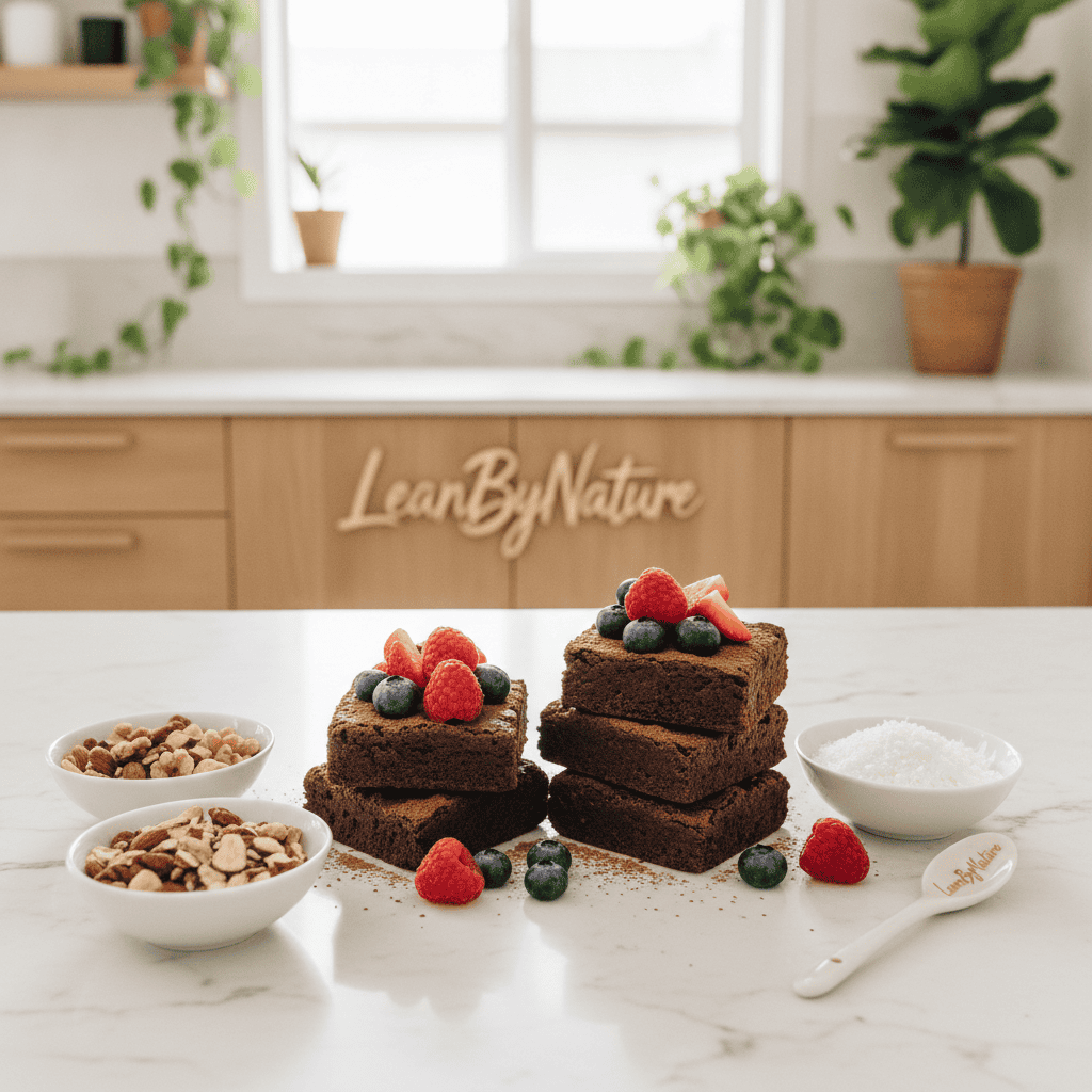 A beautiful display of healthy protein desserts, featuring delicious no-bake chocolate protein brownies topped with fresh berries and a sprinkle of cocoa powder, elegantly arranged on a marble countertop. Surround the brownies with small bowls of colorful, nutritious toppings like chopped nuts and shredded coconut for added texture. The setting is a bright, minimalist kitchen with natural light flooding in, highlighting the sleek oak cabinetry and lush green plants in the background. Use a shallow depth of field to emphasize the brownies in the foreground, creating a warm, inviting atmosphere. The branding "LeanByNature" is subtly incorporated into the kitchen decor in an organic way, enhancing the wellness theme. The overall mood is fresh, vibrant, and inspiring healthy eating. A beautiful display of healthy protein desserts, featuring delicious no-bake chocolate protein brownies topped with fresh berries and a sprinkle of cocoa powder, elegantly arranged on a marble countertop. Surround the brownies with small bowls of colorful, nutritious toppings like chopped nuts and shredded coconut for added texture. The setting is a bright, minimalist kitchen with natural light flooding in, highlighting the sleek oak cabinetry and lush green plants in the background. Use a shallow depth of field to emphasize the brownies in the foreground, creating a warm, inviting atmosphere. The branding "LeanByNature" is subtly incorporated into the kitchen decor in an organic way, enhancing the wellness theme. The overall mood is fresh, vibrant, and inspiring healthy eating.
