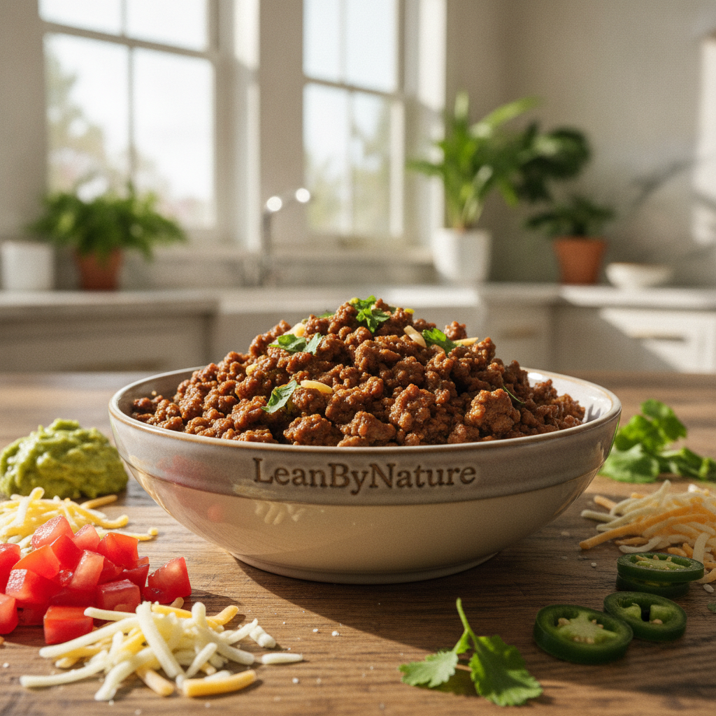A beautiful ground beef bowl is the centerpiece, showcasing a generous serving of seasoned ground beef topped with vibrant, fresh ingredients. In the foreground, scattered toppings include diced tomatoes, shredded cheese, sliced jalapeños, guacamole, and a sprinkle of cilantro, positioned artfully around the bowl. The bowl itself is ceramic, with a smooth, glossy finish, sitting on a rustic oak table. In the middle ground, natural light floods in from large windows, illuminating the scene and enhancing the textures of the ingredients. Lush green plants are visible in the background, adding a touch of life to the bright, minimalist kitchen with marble countertops. Soft shadows create a warm atmosphere, perfect for a health-conscious meal. Include branding elements for "LeanByNature" subtly displayed on the bowl.