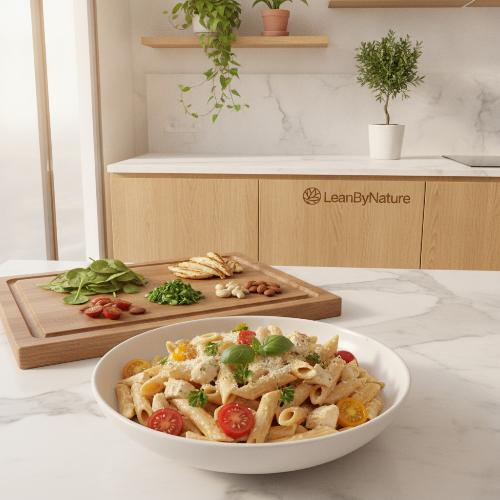 A beautiful overhead shot of a bright, minimalist kitchen filled with natural light. In the foreground, a stylish plate of high-protein chicken pasta, garnished with fresh herbs, colorful cherry tomatoes, and a sprinkle of Parmesan cheese. The pasta is presented artistically, showcasing its texture and vibrant colors. In the middle ground, a wooden cutting board displays additional ingredients like spinach, grilled chicken pieces, and nuts, emphasizing creativity in variations of protein-rich pasta dishes. The background features a sleek marble countertop, oak cabinets, and lush green plants, adding a touch of nature to the scene. Soft, warm lighting creates an inviting atmosphere, perfect for a health-conscious culinary experience. The brand name "LeanByNature" subtly integrated in the kitchen decor enhances the overall composition. A beautiful overhead shot of a bright, minimalist kitchen filled with natural light. In the foreground, a stylish plate of high-protein chicken pasta, garnished with fresh herbs, colorful cherry tomatoes, and a sprinkle of Parmesan cheese. The pasta is presented artistically, showcasing its texture and vibrant colors. In the middle ground, a wooden cutting board displays additional ingredients like spinach, grilled chicken pieces, and nuts, emphasizing creativity in variations of protein-rich pasta dishes. The background features a sleek marble countertop, oak cabinets, and lush green plants, adding a touch of nature to the scene. Soft, warm lighting creates an inviting atmosphere, perfect for a health-conscious culinary experience. The brand name "LeanByNature" subtly integrated in the kitchen decor enhances the overall composition.