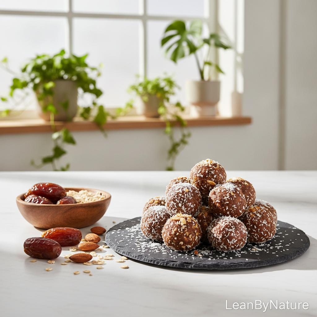 A beautifully arranged display of date energy bites on a white marble countertop in a bright minimalist kitchen. The energy bites, round and glistening, are made with glossy Medjool dates, oats, cocoa powder, and sprinkled with shredded coconut and crushed nuts. In the foreground, a small bowl filled with raw ingredients like dates, oats, and almonds sits next to the energy bites, invitingly. Lush green plants are placed strategically in the background, emphasizing a fresh and healthy feel. Natural light streams in through large windows, casting soft shadows and highlighting the textures of the ingredients. The brand name "LeanByNature" is subtly positioned in the corner of the image. The atmosphere is warm, inviting, and filled with a sense of health and vitality. A beautifully arranged display of date energy bites on a white marble countertop in a bright minimalist kitchen. The energy bites, round and glistening, are made with glossy Medjool dates, oats, cocoa powder, and sprinkled with shredded coconut and crushed nuts. In the foreground, a small bowl filled with raw ingredients like dates, oats, and almonds sits next to the energy bites, invitingly. Lush green plants are placed strategically in the background, emphasizing a fresh and healthy feel. Natural light streams in through large windows, casting soft shadows and highlighting the textures of the ingredients. The brand name "LeanByNature" is subtly positioned in the corner of the image. The atmosphere is warm, inviting, and filled with a sense of health and vitality.