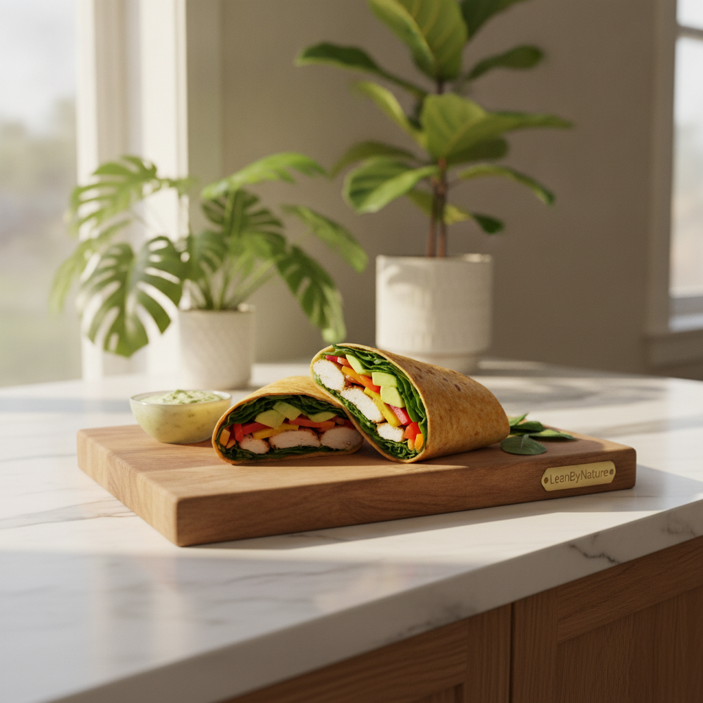 A beautifully arranged low carb chicken wrap on a wooden cutting board in a bright, minimalist kitchen. The wrap is filled with grilled chicken breast, fresh spinach, colorful bell peppers, and creamy avocado, all wrapped in a low-carb tortilla. Lush green plants are visible in the background, adding a touch of freshness. Soft, natural sunlight streams in, highlighting the ingredients' vibrant colors and textures. The scene is framed from a slightly elevated angle, capturing the wrap's details while showcasing the marble countertop and oak accents of the kitchen. The atmosphere is fresh and inviting, emphasizing healthy eating and customization. Include the brand name "LeanByNature" subtly integrated into the setting, ensuring it complements the overall aesthetic without overpowering the focal point. A beautifully arranged low carb chicken wrap on a wooden cutting board in a bright, minimalist kitchen. The wrap is filled with grilled chicken breast, fresh spinach, colorful bell peppers, and creamy avocado, all wrapped in a low-carb tortilla. Lush green plants are visible in the background, adding a touch of freshness. Soft, natural sunlight streams in, highlighting the ingredients' vibrant colors and textures. The scene is framed from a slightly elevated angle, capturing the wrap's details while showcasing the marble countertop and oak accents of the kitchen. The atmosphere is fresh and inviting, emphasizing healthy eating and customization. Include the brand name "LeanByNature" subtly integrated into the setting, ensuring it complements the overall aesthetic without overpowering the focal point.
