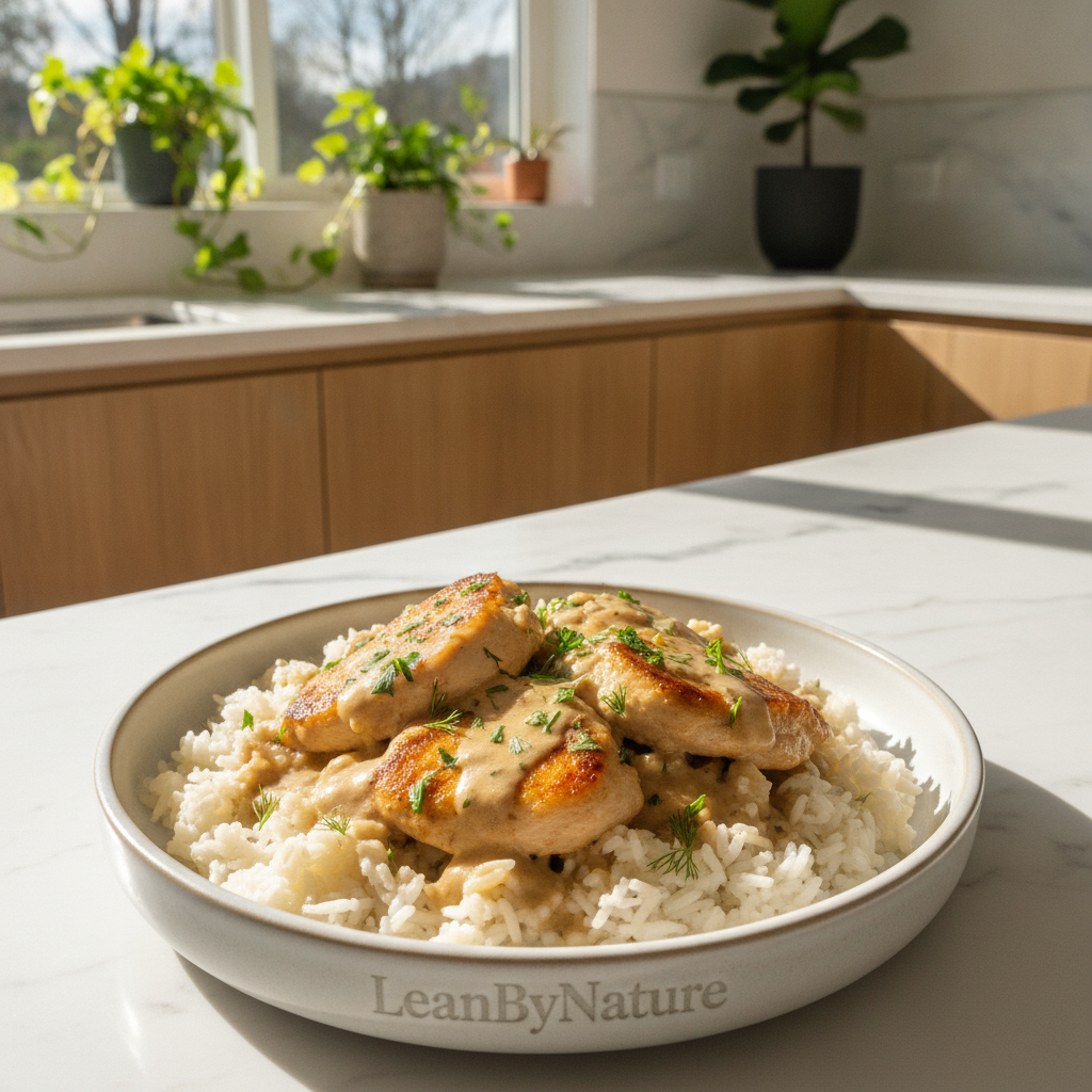 A beautifully arranged plate of creamy high-protein chicken and rice in a bright minimalist kitchen. The chicken, tender and golden-brown, sits atop a bed of fluffy white rice, both drizzled with a luscious, creamy sauce that glistens under natural light. Surrounding the dish are vibrant green herbs garnishing the meal, offering a fresh touch. In the background, light streams through a large window, highlighting sleek marble countertops and warm oak cabinetry, accented by lush green plants that add life to the scene. Capture the image from a slightly elevated angle to emphasize the dish and create a welcoming, homely atmosphere. Include the brand name "LeanByNature" discreetly positioned to maintain focus on the food. A beautifully arranged plate of creamy high-protein chicken and rice in a bright minimalist kitchen. The chicken, tender and golden-brown, sits atop a bed of fluffy white rice, both drizzled with a luscious, creamy sauce that glistens under natural light. Surrounding the dish are vibrant green herbs garnishing the meal, offering a fresh touch. In the background, light streams through a large window, highlighting sleek marble countertops and warm oak cabinetry, accented by lush green plants that add life to the scene. Capture the image from a slightly elevated angle to emphasize the dish and create a welcoming, homely atmosphere. Include the brand name "LeanByNature" discreetly positioned to maintain focus on the food.