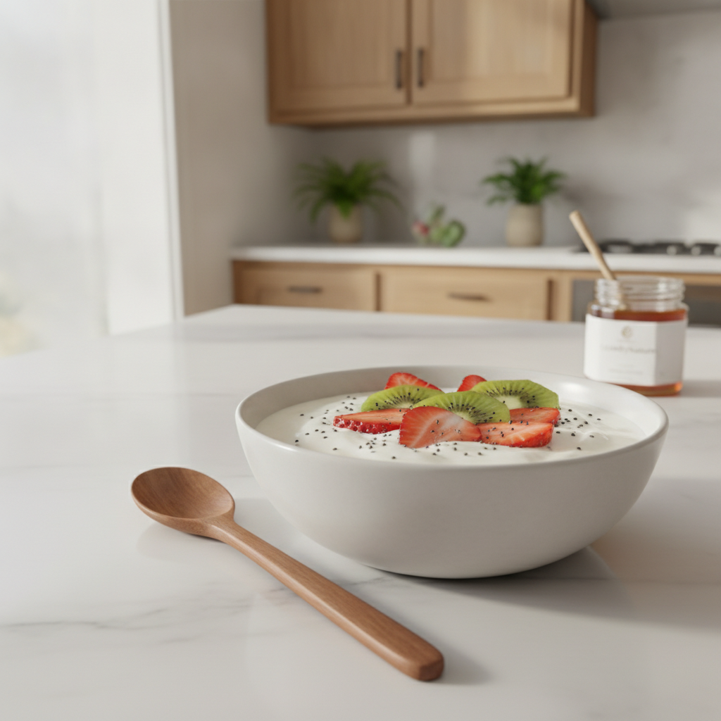 A beautifully crafted bowl of delicious Greek yogurt pudding sits as the foreground focus, garnished with fresh slices of kiwi, strawberries, and a sprinkle of chia seeds. The creamy texture of the yogurt pudding glistens invitingly, showcasing its rich appearance. In the middle ground, a stylish wooden spoon rests next to the bowl, hinting at the indulgence awaiting the viewer. The setting is a bright, minimalist kitchen featuring smooth marble countertops and warm oak cabinetry, complemented by lush green plants that add a vibrant touch. Soft, natural light streams in from a nearby window, creating a warm and inviting atmosphere. The brand name "LeanByNature" is subtly incorporated into the design of a small, elegant jar of honey placed in the background, enhancing the scene without distraction. The composition captures a wholesome and inviting mood, perfect for pairing options with Greek yogurt protein pudding.