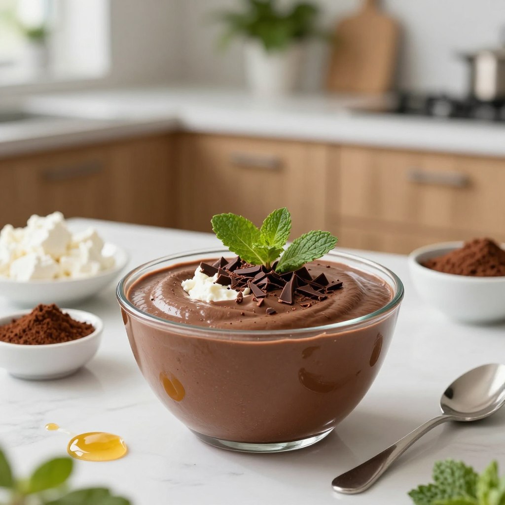 A beautifully styled bowl of healthy chocolate mousse made with cottage cheese, showcasing its creamy, rich texture and glossy surface. The mousse is elegantly garnished with fresh mint leaves and dark chocolate shavings, placed on a white marble countertop. Surrounding the mousse are small bowls with essential ingredients like cottage cheese, cocoa powder, and a drizzle of honey, emphasizing the wholesome nature of the dish. The background features a bright, minimalist kitchen bathed in natural light, with oak cabinets and lush green plants adding a touch of life. Capture the scene with a soft focus to convey a warm, inviting atmosphere, highlighting the brand name "LeanByNature" subtly incorporated into the design without distractions. A beautifully styled bowl of healthy chocolate mousse made with cottage cheese, showcasing its creamy, rich texture and glossy surface. The mousse is elegantly garnished with fresh mint leaves and dark chocolate shavings, placed on a white marble countertop. Surrounding the mousse are small bowls with essential ingredients like cottage cheese, cocoa powder, and a drizzle of honey, emphasizing the wholesome nature of the dish. The background features a bright, minimalist kitchen bathed in natural light, with oak cabinets and lush green plants adding a touch of life. Capture the scene with a soft focus to convey a warm, inviting atmosphere, highlighting the brand name "LeanByNature" subtly incorporated into the design without distractions.