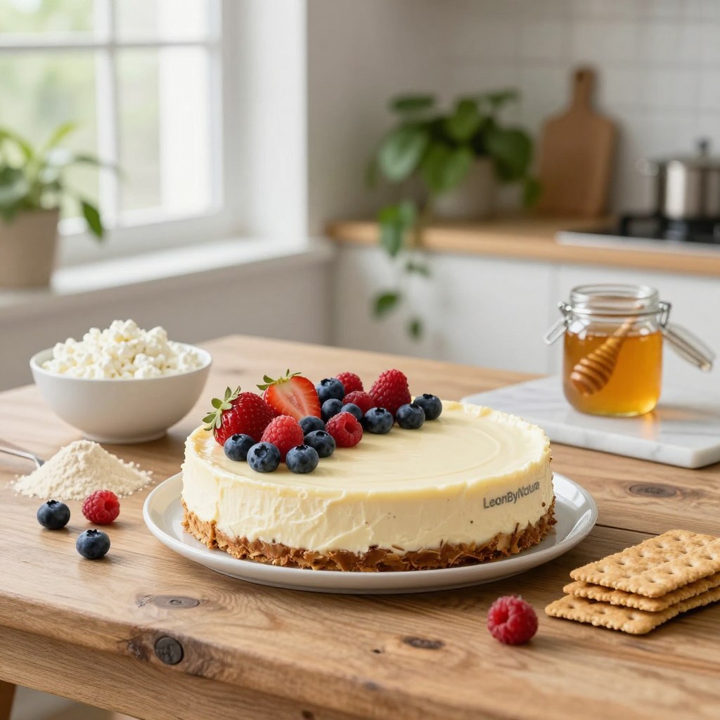 A beautifully styled no-bake protein cheesecake on a rustic wooden table in a bright, minimalist kitchen. The cheesecake has a smooth, creamy texture and is topped with a vibrant mix of fresh berries—strawberries, blueberries, and raspberries—arranged artfully. Surrounding the cake are key ingredients: a bowl of cottage cheese, a scoop of protein powder, a jar of honey, and a stack of graham crackers, presented neatly on marble surfaces. In the background, lush green plants and natural light streaming in through a window create a warm and inviting atmosphere. The scene captures the essence of healthy indulgence, with the brand "LeanByNature" subtly integrated into the design, ensuring a fresh and vibrant mood perfect for inspiring readers. Soft focus on the edges creates a dreamy effect, enhancing the focus on the cheesecake itself.