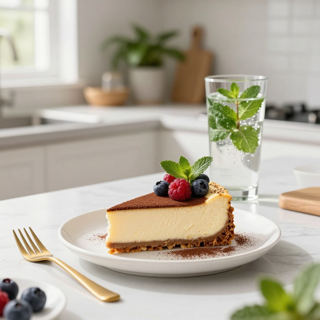 A beautifully styled slice of sugar-free cheesecake, elegantly placed on a white porcelain plate, in a bright minimalist kitchen. The cheesecake features a rich, creamy texture topped with fresh berries and a light dusting of cocoa powder, showcasing its delicious, healthier appeal. In the foreground, a small golden fork rests beside the plate. The middle shot captures a glass of sparkling water infused with mint leaves, enhancing the fresh feel. The background is softly blurred, highlighting a marble countertop with oak accents and lush green plants, illuminated by warm natural light streaming through a window. The overall atmosphere is inviting and serene, perfectly suited for a healthy dessert setting. The brand name "LeanByNature" is subtly incorporated into the scene, enhancing the image's appeal without distraction.