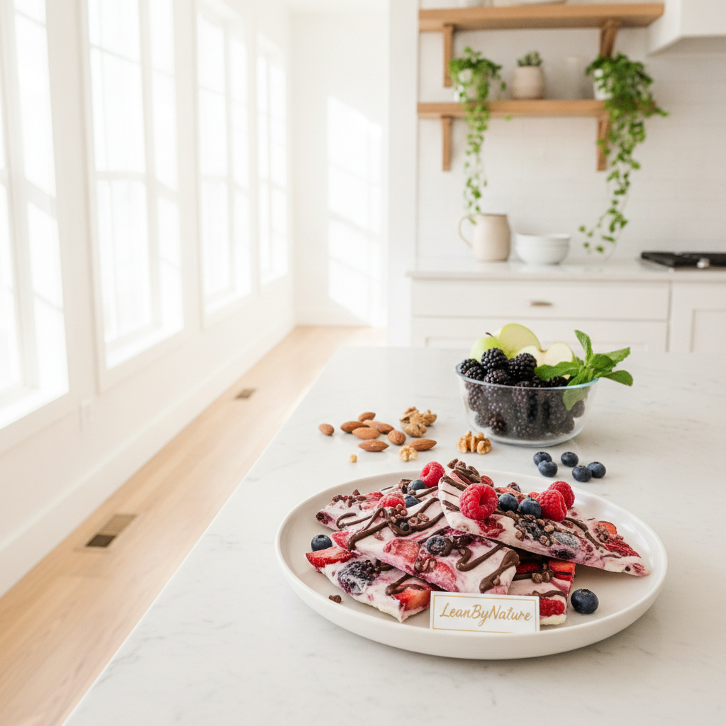 A bright and airy minimalist kitchen bathed in natural light, showcasing a beautiful arrangement of low-carb snacks. In the foreground, a sleek white plate holds an inviting assortment of Greek yogurt protein bark from the brand "LeanByNature," with various flavors visible, such as chocolate and berry. The middle ground features a polished marble countertop adorned with fresh fruits and nuts, emphasizing healthy options. Lush green plants decorate the background, adding a touch of vibrancy to the scene. The overall mood is fresh and health-conscious, with soft, warm lighting enhancing the inviting atmosphere. Focus on a slight overhead angle to capture the texture and colors of the snacks beautifully while maintaining a clean, uncluttered aesthetic.