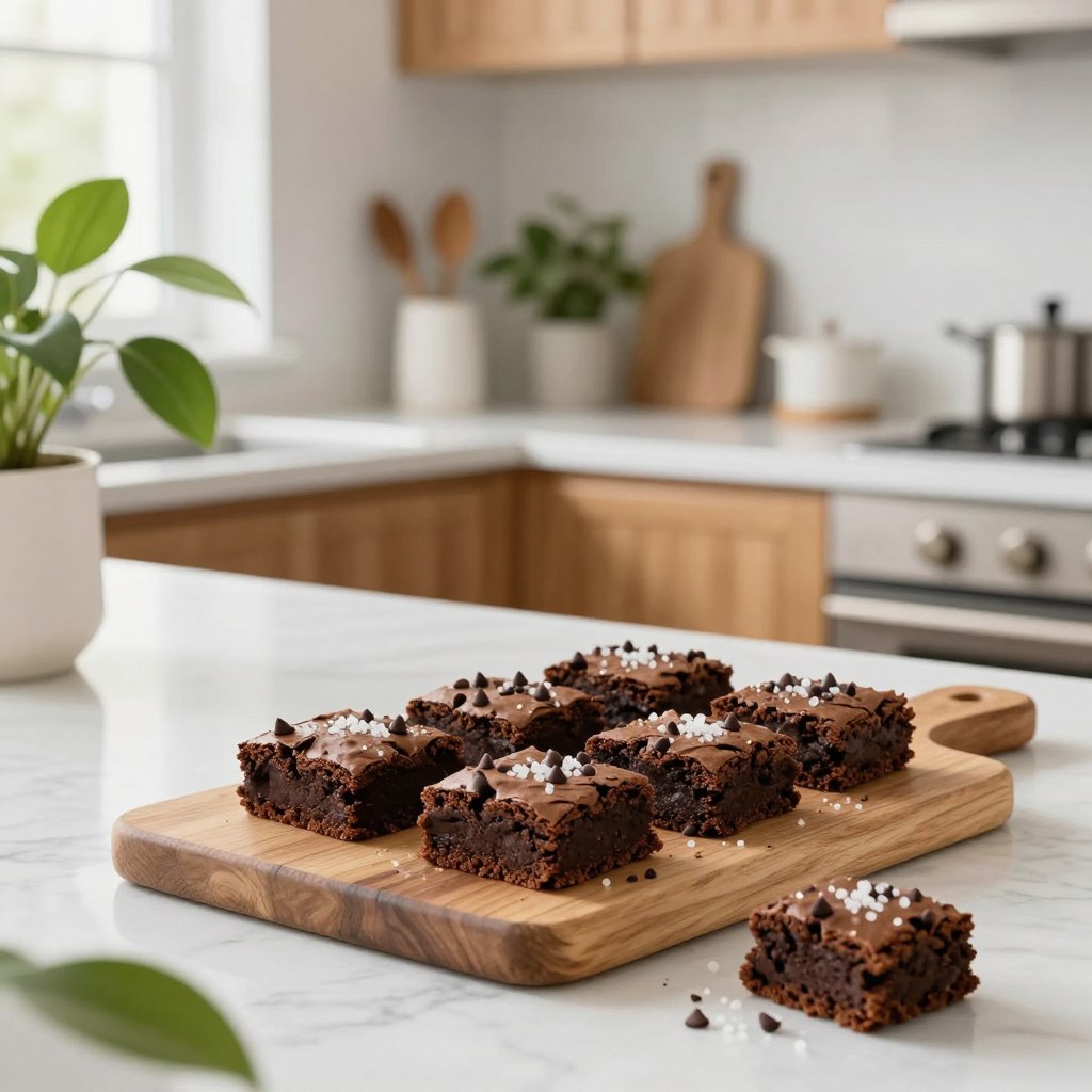 A bright and inviting minimalist kitchen bathed in natural light, featuring marble countertops and oak cabinets. In the foreground, a freshly baked batch of fudgy high-protein brownies sits on a rustic wooden cutting board, topped with a sprinkle of sea salt and chocolate chips. A couple of brownies are cut into perfect squares, revealing their rich, moist interior. Lush green plants are positioned nearby, adding a touch of freshness to the scene. The background showcases gleaming kitchen tools and an organized countertop. The overall mood is warm and cozy, evoking a sense of comfort and healthy indulgence. Include subtle branding elements reflecting "LeanByNature" in the kitchen setting. Use a soft focus effect to create a dreamy atmosphere, with a slightly elevated angle to capture the delicious details of the brownies. A bright and inviting minimalist kitchen bathed in natural light, featuring marble countertops and oak cabinets. In the foreground, a freshly baked batch of fudgy high-protein brownies sits on a rustic wooden cutting board, topped with a sprinkle of sea salt and chocolate chips. A couple of brownies are cut into perfect squares, revealing their rich, moist interior. Lush green plants are positioned nearby, adding a touch of freshness to the scene. The background showcases gleaming kitchen tools and an organized countertop. The overall mood is warm and cozy, evoking a sense of comfort and healthy indulgence. Include subtle branding elements reflecting "LeanByNature" in the kitchen setting. Use a soft focus effect to create a dreamy atmosphere, with a slightly elevated angle to capture the delicious details of the brownies.