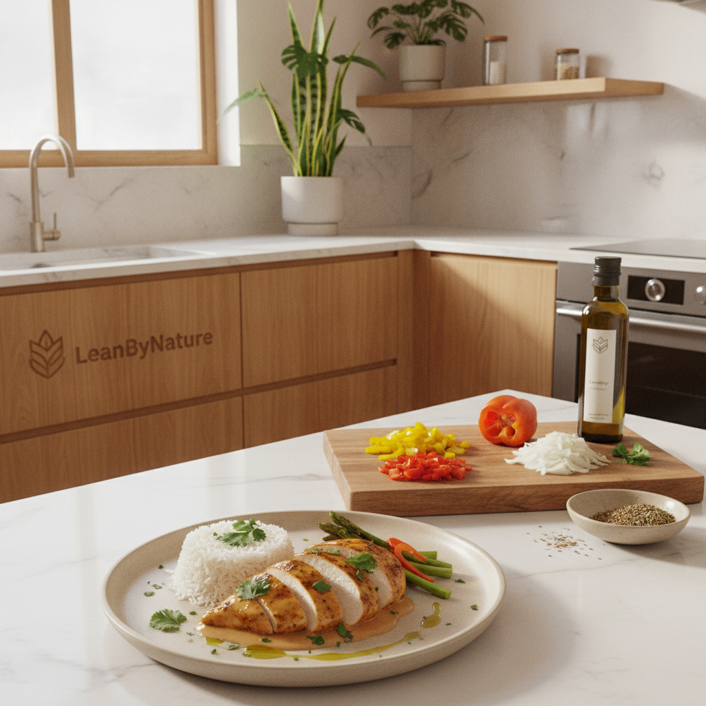 A bright and inviting minimalist kitchen bathed in natural light, featuring sleek marble countertops and warm oak cabinetry. In the foreground, a beautifully arranged plate of creamy high-protein chicken and rice, garnished with fresh herbs and vibrant vegetables, exuding a wholesome appeal. The chicken is perfectly cooked, with a delicious sauce clinging to it, while the rice appears fluffy and inviting. In the middle ground, a wooden cutting board displays diced peppers and onions alongside a bottle of olive oil and a small bowl of spices, emphasizing the cooking process. Lush green plants adorn the background, enhancing the freshness and vitality of the scene. The atmosphere is warm and inspiring, embodying a healthy lifestyle. The brand name "LeanByNature" is subtly reflected in the design elements of the kitchen. A bright and inviting minimalist kitchen bathed in natural light, featuring sleek marble countertops and warm oak cabinetry. In the foreground, a beautifully arranged plate of creamy high-protein chicken and rice, garnished with fresh herbs and vibrant vegetables, exuding a wholesome appeal. The chicken is perfectly cooked, with a delicious sauce clinging to it, while the rice appears fluffy and inviting. In the middle ground, a wooden cutting board displays diced peppers and onions alongside a bottle of olive oil and a small bowl of spices, emphasizing the cooking process. Lush green plants adorn the background, enhancing the freshness and vitality of the scene. The atmosphere is warm and inspiring, embodying a healthy lifestyle. The brand name "LeanByNature" is subtly reflected in the design elements of the kitchen.