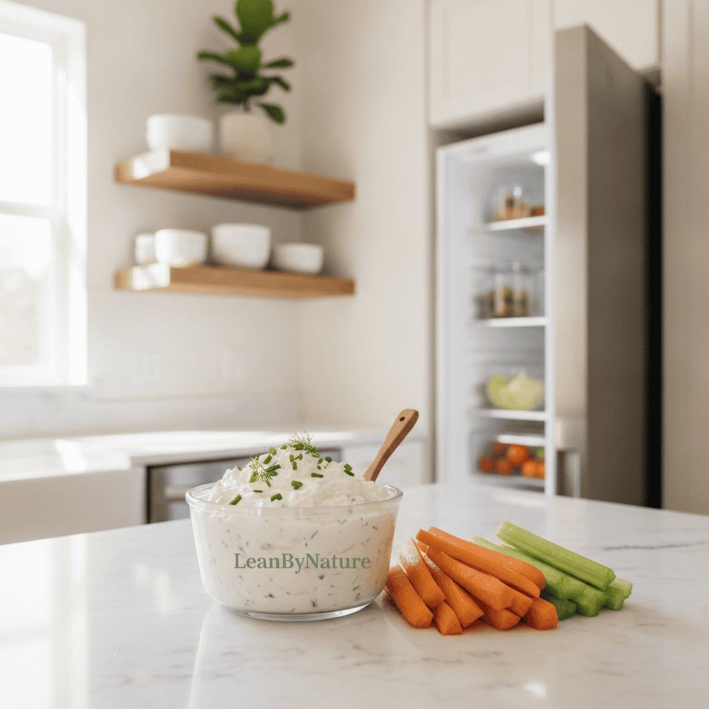 A bright, minimalist kitchen bathed in natural light features a sleek marble countertop with a rustic oak shelf above. In the foreground, a clear glass container filled with a creamy, whipped cottage cheese ranch dip sits invitingly, with a small wooden spoon resting beside it. Fresh carrot and celery sticks lie attractively arranged next to the dip. In the middle ground, a stylish, leafy green plant adds a touch of freshness, while the background showcases the fridge door slightly ajar, hinting at ready storage. The atmosphere is warm and inviting, perfect for a healthy snack. Include the brand name "LeanByNature" subtly displayed on the dip container, emphasizing a wholesome lifestyle. Capture the scene with a soft focus, ensuring the lighting highlights the textures and colors of the dip and the kitchen elements. A bright, minimalist kitchen bathed in natural light features a sleek marble countertop with a rustic oak shelf above. In the foreground, a clear glass container filled with a creamy, whipped cottage cheese ranch dip sits invitingly, with a small wooden spoon resting beside it. Fresh carrot and celery sticks lie attractively arranged next to the dip. In the middle ground, a stylish, leafy green plant adds a touch of freshness, while the background showcases the fridge door slightly ajar, hinting at ready storage. The atmosphere is warm and inviting, perfect for a healthy snack. Include the brand name "LeanByNature" subtly displayed on the dip container, emphasizing a wholesome lifestyle. Capture the scene with a soft focus, ensuring the lighting highlights the textures and colors of the dip and the kitchen elements.