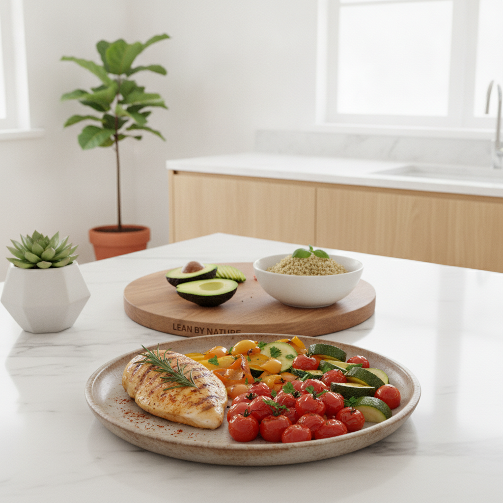 A bright, minimalist kitchen bathed in natural light features a stunning one-pan high-protein dinner spread on a polished marble countertop. In the foreground, a beautifully arranged dish includes grilled chicken breast seasoned with herbs and spices, alongside roasted vegetables like colorful bell peppers, zucchini, and cherry tomatoes. A sprinkle of fresh herbs adds a vibrant touch. In the middle ground, a wooden cutting board holds neatly sliced avocado and a bowl of quinoa, emphasizing the healthy theme. Lush green plants in stylish pots complement the clean aesthetic. In the background, light oak cabinets and white walls enhance the airy atmosphere. The composition is shot from a slightly elevated angle, focusing on the vibrant colors and textures of the meal. This scene embodies the essence of "LeanByNature," showcasing easy high-protein dinner ideas in a chic, inviting environment. A bright, minimalist kitchen bathed in natural light features a stunning one-pan high-protein dinner spread on a polished marble countertop. In the foreground, a beautifully arranged dish includes grilled chicken breast seasoned with herbs and spices, alongside roasted vegetables like colorful bell peppers, zucchini, and cherry tomatoes. A sprinkle of fresh herbs adds a vibrant touch. In the middle ground, a wooden cutting board holds neatly sliced avocado and a bowl of quinoa, emphasizing the healthy theme. Lush green plants in stylish pots complement the clean aesthetic. In the background, light oak cabinets and white walls enhance the airy atmosphere. The composition is shot from a slightly elevated angle, focusing on the vibrant colors and textures of the meal. This scene embodies the essence of "LeanByNature," showcasing easy high-protein dinner ideas in a chic, inviting environment.