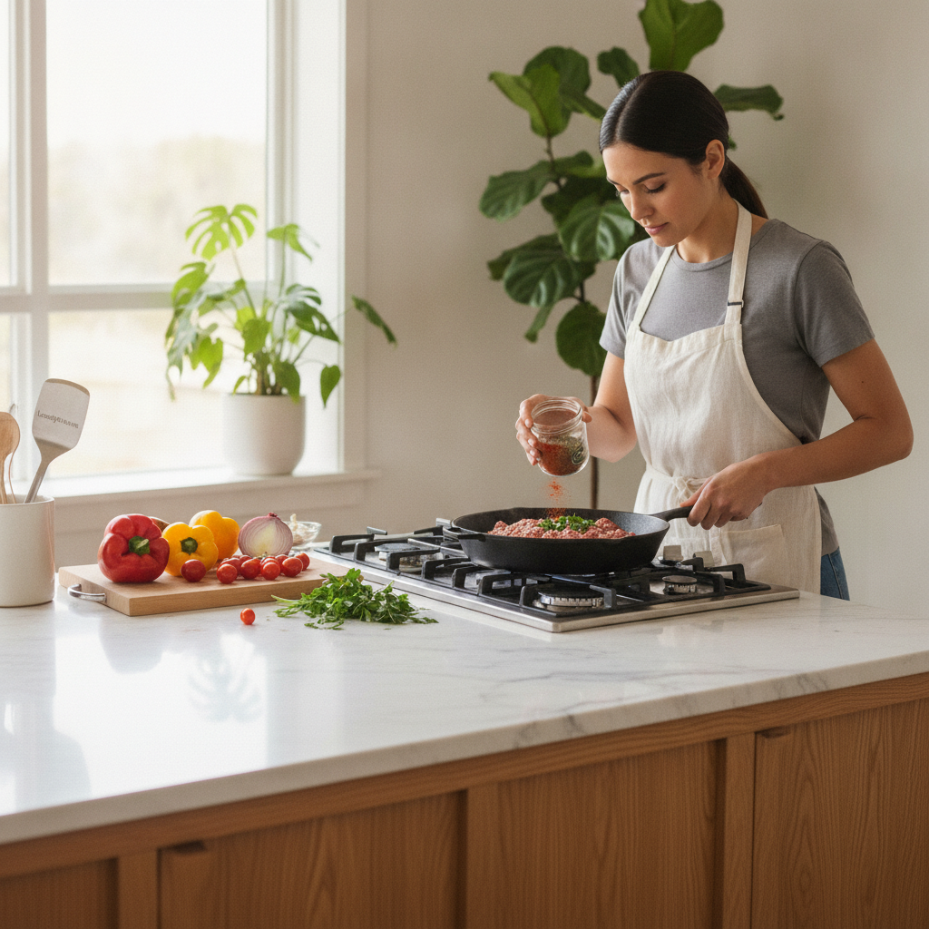 A bright minimalist kitchen bathed in natural light, featuring a beautiful marble countertop and warm oak cabinets. In the foreground, a skilled chef, dressed in a crisp white apron and modest casual clothing, is skillfully seasoning a sizzling pan of ground beef with an array of colorful spices and fresh herbs, like oregano, paprika, and garlic. A sprinkle of green parsley adds a pop of freshness. The middle ground showcases vibrant ingredients, such as bell peppers, onions, and tomatoes, organized neatly. In the background, lush green plants create an inviting atmosphere, while the LeanByNature brand logo subtly appears on a sleek kitchen tool. The overall mood is warm and inviting, conveying a sense of passion for cooking and healthy meal prep. Soft, diffused lighting enhances the inviting ambiance.
