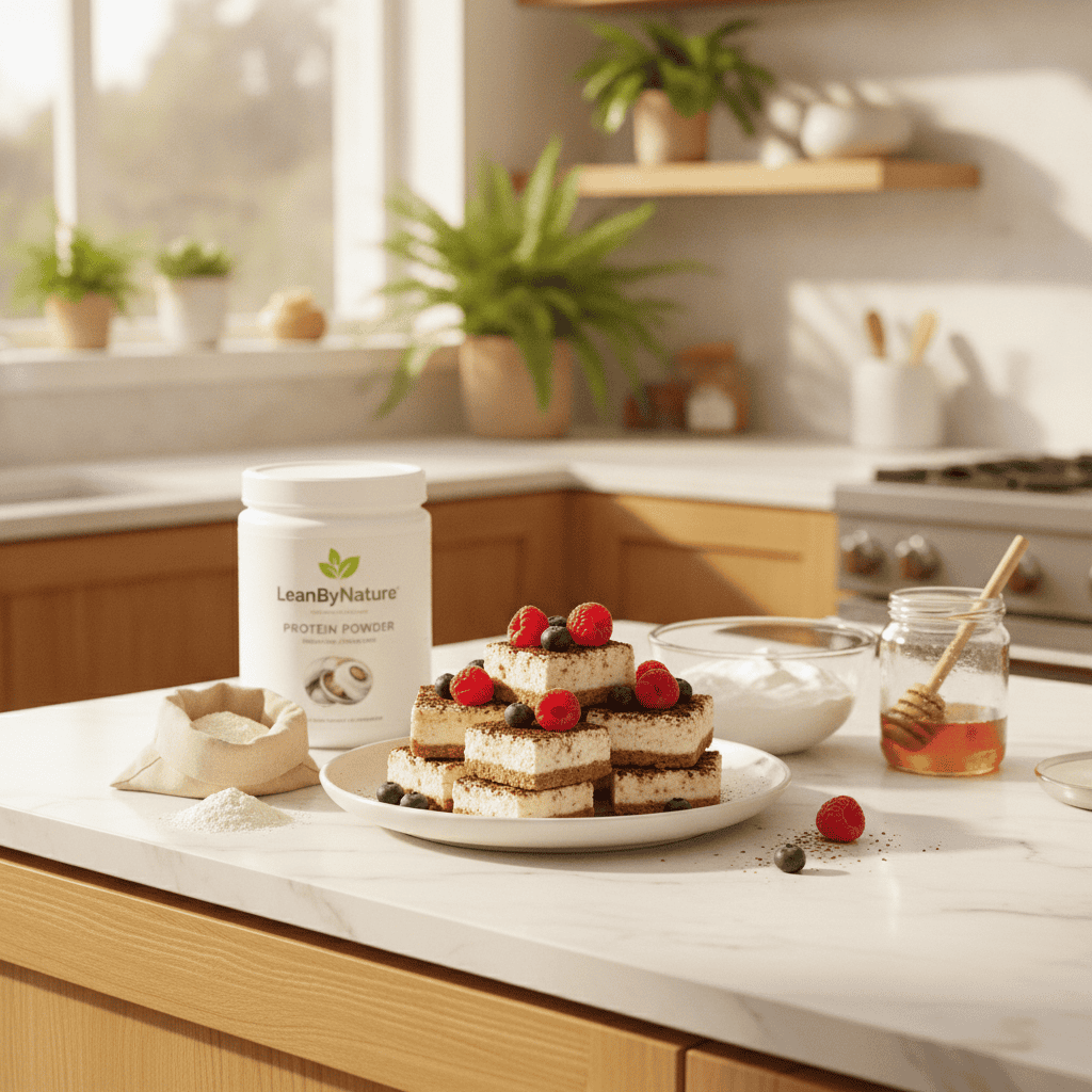 A bright, minimalist kitchen bathed in natural light, featuring a pristine marble countertop and warm oak cabinetry. In the foreground, showcase a beautifully arranged plate of no-bake protein cheesecake bites, topped with fresh berries and a dusting of cocoa powder, presenting an inviting texture. Include key ingredients like a tub of LeanByNature protein powder, a bowl of Greek yogurt, almond flour, and a jar of honey artfully arranged around the cheesecake bites. The background should feature lush green plants adding a touch of vibrancy. Use a soft focus to create a warm, inviting atmosphere, utilizing natural light to emphasize the freshness and healthiness of the ingredients. Capture the scene from a slightly elevated angle to highlight the delectable details of the cheesecake bites and the harmonious kitchen setting. A bright, minimalist kitchen bathed in natural light, featuring a pristine marble countertop and warm oak cabinetry. In the foreground, showcase a beautifully arranged plate of no-bake protein cheesecake bites, topped with fresh berries and a dusting of cocoa powder, presenting an inviting texture. Include key ingredients like a tub of LeanByNature protein powder, a bowl of Greek yogurt, almond flour, and a jar of honey artfully arranged around the cheesecake bites. The background should feature lush green plants adding a touch of vibrancy. Use a soft focus to create a warm, inviting atmosphere, utilizing natural light to emphasize the freshness and healthiness of the ingredients. Capture the scene from a slightly elevated angle to highlight the delectable details of the cheesecake bites and the harmonious kitchen setting.