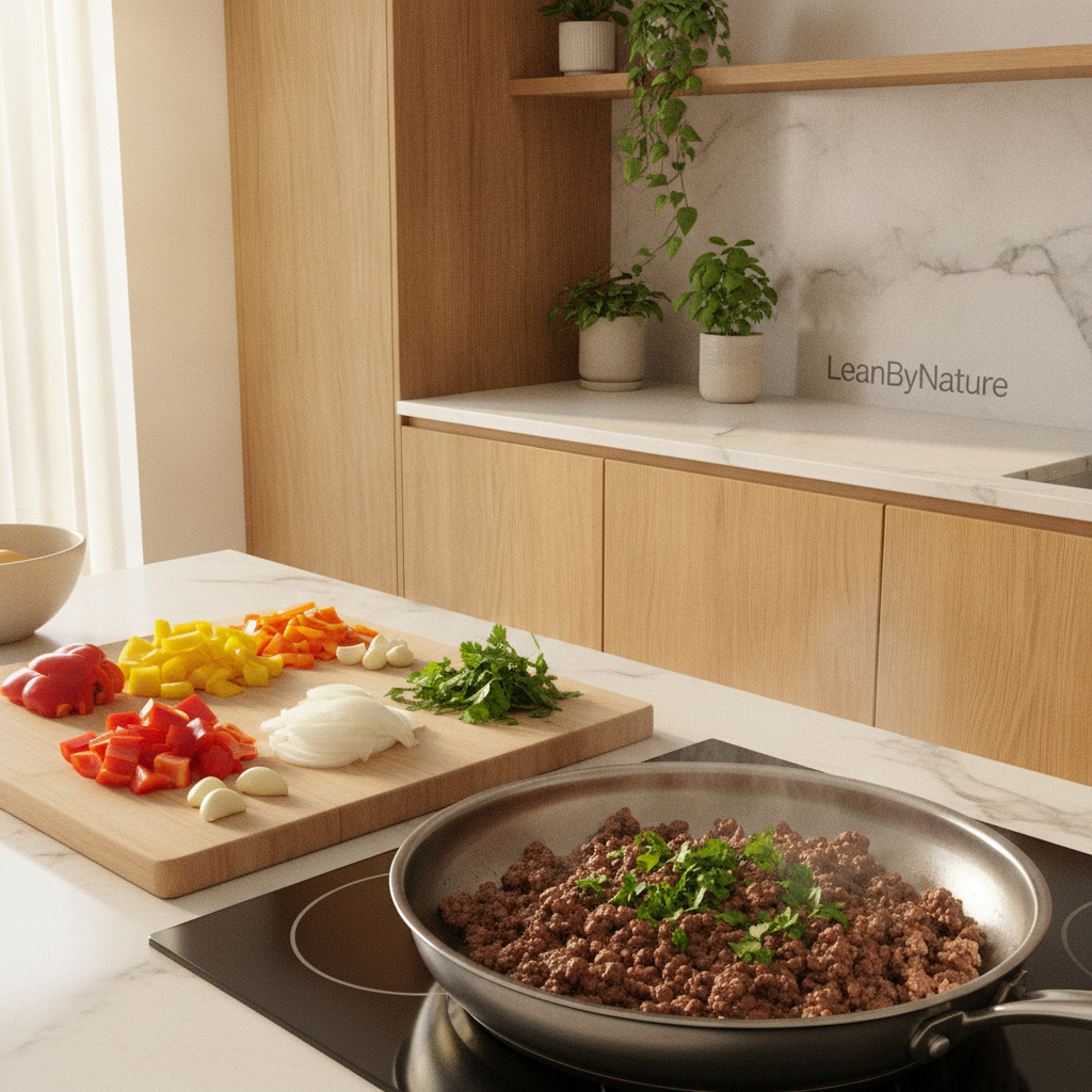 A bright, minimalist kitchen bathed in natural light, featuring a sleek marble countertop and warm oak cabinetry. In the foreground, a stainless steel skillet sizzling with freshly cooked ground beef, expertly browned and seasoned, garnished with finely chopped herbs. A wooden cutting board displays colorful vegetables—bell peppers, onions, and garlic—ready to be sautéed. Lush green plants adorn the background, adding a touch of freshness. The atmosphere conveys a sense of warmth and home-cooked comfort. Capture this scene from a slightly elevated angle to emphasize the cooking process, highlighting the textures of the beef and vegetables. Brand name "LeanByNature" subtly integrated into the kitchen decor, reinforcing a focus on healthy meal prep. A bright, minimalist kitchen bathed in natural light, featuring a sleek marble countertop and warm oak cabinetry. In the foreground, a stainless steel skillet sizzling with freshly cooked ground beef, expertly browned and seasoned, garnished with finely chopped herbs. A wooden cutting board displays colorful vegetables—bell peppers, onions, and garlic—ready to be sautéed. Lush green plants adorn the background, adding a touch of freshness. The atmosphere conveys a sense of warmth and home-cooked comfort. Capture this scene from a slightly elevated angle to emphasize the cooking process, highlighting the textures of the beef and vegetables. Brand name "LeanByNature" subtly integrated into the kitchen decor, reinforcing a focus on healthy meal prep.