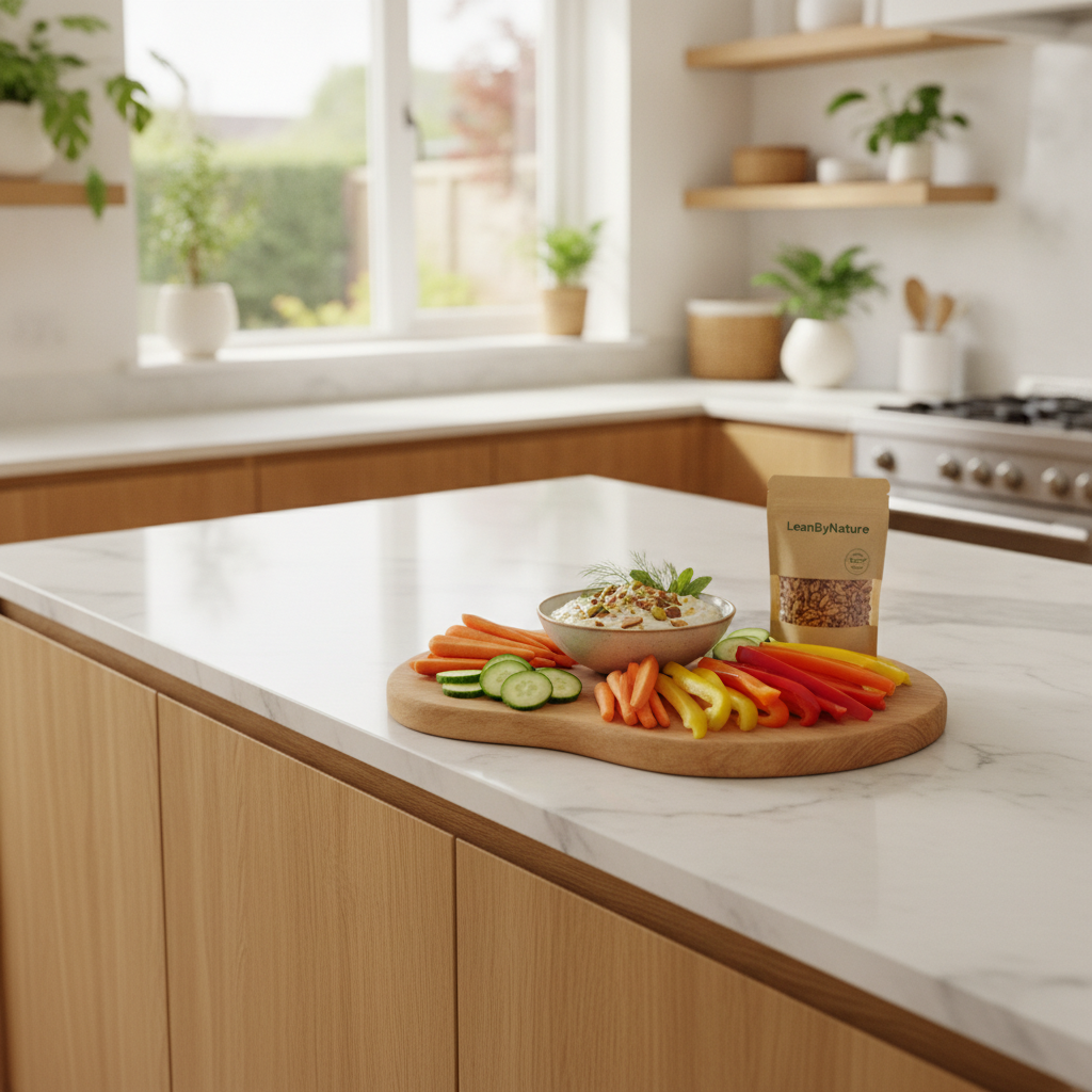 A bright, minimalist kitchen bathed in natural light, featuring a sleek marble countertop and warm oak cabinetry. In the foreground, an attractive spreading board holds a small bowl of creamy Greek yogurt peanut butter dip, garnished with a sprinkle of crushed nuts and fresh herbs. Surrounding the dip are vibrant, fresh vegetable sticks like crunchy carrots, cucumber slices, and bell pepper strips, artistically arranged for an inviting display. Lush green plants in decorative pots add life to the setting, enhancing the freshness of the scene. The mood is bright and health-conscious, ideal for promoting healthy eating. Shot with a shallow depth of field to create a soft blur in the background, focusing on the delicious appetizer. Include "LeanByNature" branding subtly on a nearby package of healthy snacks.