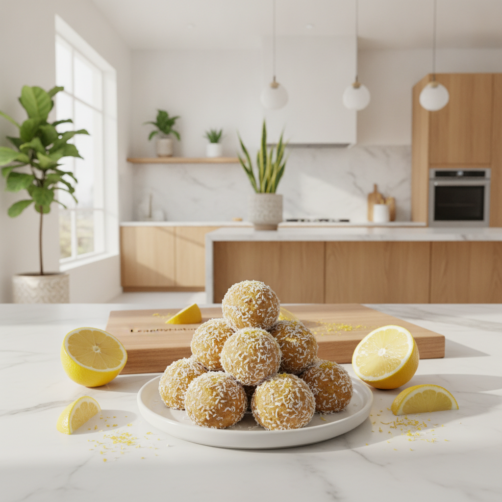 A bright, minimalist kitchen bathed in natural light, featuring elegant marble counter tops and warm oak cabinetry. In the foreground, a small, white serving plate displays vibrant Lemon Coconut Protein Balls, garnished with fresh lemon slices and coconut flakes. Surrounding the plate, scattered lemon zest and a few whole lemons emphasize the health benefits of lemons. Lush green plants in stylish pots add a touch of freshness and vitality. The background showcases a clean kitchen layout with soft shadows for depth. The atmosphere is inviting and health-conscious, embodying a sense of freshness and well-being. Brand name "LeanByNature" subtly integrated into the scene, harmonizing with the overall theme.