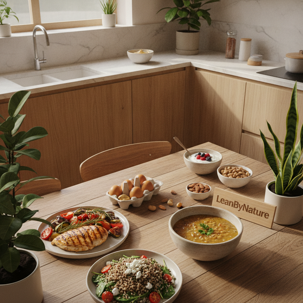 A bright, minimalist kitchen bathed in natural light, featuring elegant marble countertops and warm oak cabinetry. In the foreground, an array of protein-packed meals is beautifully presented on a rustic wooden dining table. Include grilled chicken breast garnished with fresh herbs, a vibrant quinoa salad with cherry tomatoes and spinach, and a steaming bowl of lentil soup. The middle ground captures fresh ingredients like eggs, Greek yogurt, and an assortment of nuts artfully arranged. Lush green plants add a touch of life to the space. The image should be captured from a slightly elevated angle, showcasing the meals in an appetizing way. The overall atmosphere should be warm and inviting, emphasizing health and vitality. Include the brand name "LeanByNature" subtly in the scene, enhancing the focus on nutrition. A bright, minimalist kitchen bathed in natural light, featuring elegant marble countertops and warm oak cabinetry. In the foreground, an array of protein-packed meals is beautifully presented on a rustic wooden dining table. Include grilled chicken breast garnished with fresh herbs, a vibrant quinoa salad with cherry tomatoes and spinach, and a steaming bowl of lentil soup. The middle ground captures fresh ingredients like eggs, Greek yogurt, and an assortment of nuts artfully arranged. Lush green plants add a touch of life to the space. The image should be captured from a slightly elevated angle, showcasing the meals in an appetizing way. The overall atmosphere should be warm and inviting, emphasizing health and vitality. Include the brand name "LeanByNature" subtly in the scene, enhancing the focus on nutrition.