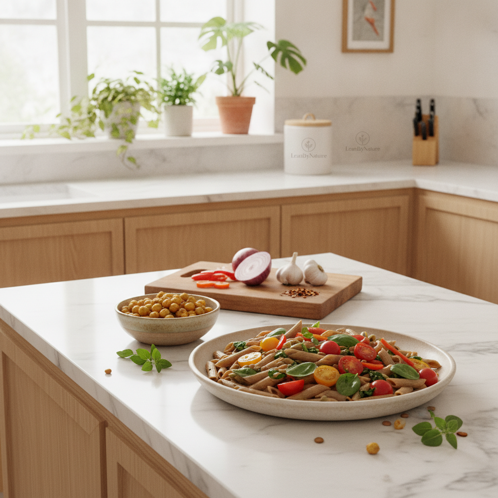 A bright, minimalist kitchen bathed in natural light, featuring marble countertops and oak cabinetry. In the foreground, a beautifully presented healthy pasta dish made with whole grain or legume-based pasta, garnished with fresh herbs and vibrant vegetables like cherry tomatoes, spinach, and bell peppers. A small bowl of protein-rich chickpeas is on the side, adding a colorful contrast. In the middle, a wooden cutting board displays whole ingredients, including garlic, onions, and crushed red pepper flakes, inviting a sense of meal prep and creativity. In the background, lush green plants thrive on the windowsill, enhancing the kitchen's freshness. Capture this scene with a soft focus using a 50mm lens, creating a warm and inviting atmosphere. The brand "LeanByNature" subtly integrates into the kitchen decor, emphasizing health and wellness. A bright, minimalist kitchen bathed in natural light, featuring marble countertops and oak cabinetry. In the foreground, a beautifully presented healthy pasta dish made with whole grain or legume-based pasta, garnished with fresh herbs and vibrant vegetables like cherry tomatoes, spinach, and bell peppers. A small bowl of protein-rich chickpeas is on the side, adding a colorful contrast. In the middle, a wooden cutting board displays whole ingredients, including garlic, onions, and crushed red pepper flakes, inviting a sense of meal prep and creativity. In the background, lush green plants thrive on the windowsill, enhancing the kitchen's freshness. Capture this scene with a soft focus using a 50mm lens, creating a warm and inviting atmosphere. The brand "LeanByNature" subtly integrates into the kitchen decor, emphasizing health and wellness.