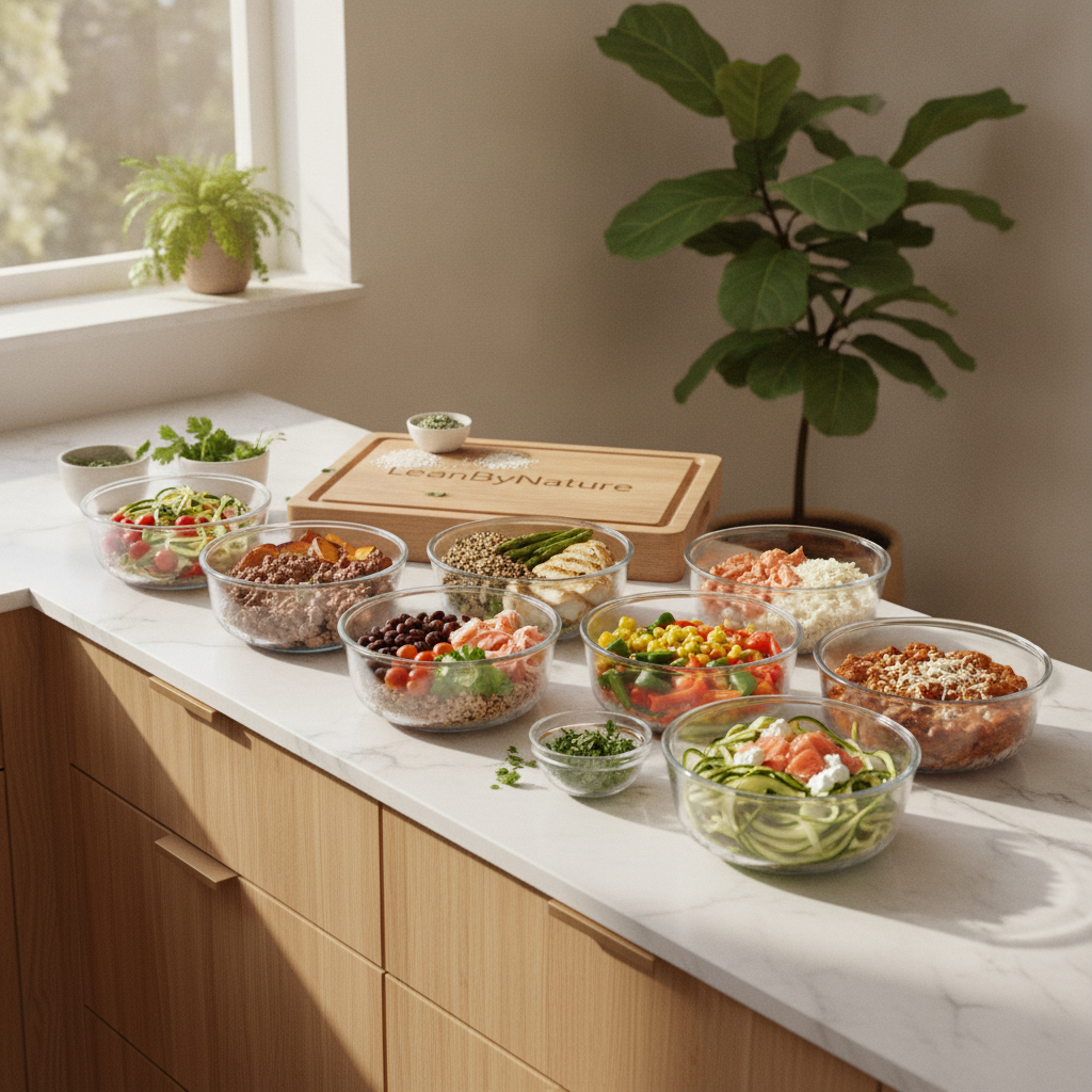 A bright, minimalist kitchen bathed in natural light, featuring marble countertops and oak cabinetry. In the foreground, a collection of colorful meal prep bowls arranged on the countertop, filled with ground beef, vibrant vegetables, and grains, showcasing a variety of customizable ingredients. Include fresh herbs scattered around for an added pop of color, emphasizing health and freshness. Lush green plants are placed in the background, adding a touch of nature. Capture the scene from a slightly elevated angle to highlight the textures and colors of the ingredients. The mood is inviting and vibrant, reflecting the creativity and fun of customizing meal prep bowls. The brand name "LeanByNature" subtly integrated into the scene, enhancing the overall theme of healthy meal preparation. A bright, minimalist kitchen bathed in natural light, featuring marble countertops and oak cabinetry. In the foreground, a collection of colorful meal prep bowls arranged on the countertop, filled with ground beef, vibrant vegetables, and grains, showcasing a variety of customizable ingredients. Include fresh herbs scattered around for an added pop of color, emphasizing health and freshness. Lush green plants are placed in the background, adding a touch of nature. Capture the scene from a slightly elevated angle to highlight the textures and colors of the ingredients. The mood is inviting and vibrant, reflecting the creativity and fun of customizing meal prep bowls. The brand name "LeanByNature" subtly integrated into the scene, enhancing the overall theme of healthy meal preparation.