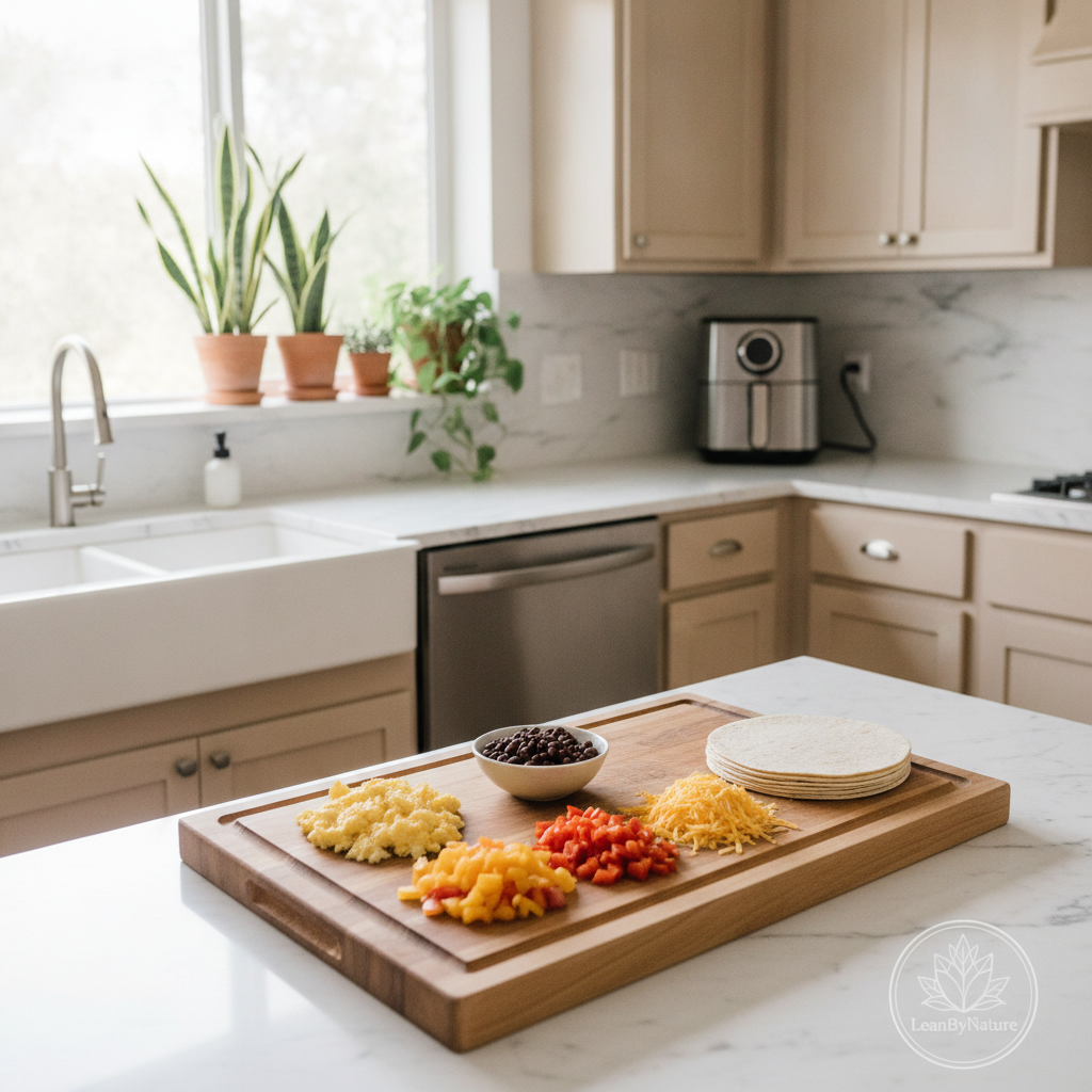 A bright, minimalist kitchen bathed in natural light, featuring marble countertops and warm oak cabinetry. In the foreground, a cleanly arranged wooden cutting board displays ingredients for high-protein meal prep breakfast burritos: scrambled eggs, diced bell peppers, black beans, and shredded cheese, artfully structured beside a stack of whole wheat tortillas. Lush green plants in stylish pots adorn the windowsill, enhancing the fresh atmosphere. The scene is shot from a slightly elevated angle to capture the vibrant colors and textures of the ingredients. Soft, diffused lighting creates a welcoming mood, emphasizing the health-conscious aspect of the meal prep. The brand name "LeanByNature" is subtly mentioned in the background as a stylish logo on a kitchen appliance. A bright, minimalist kitchen bathed in natural light, featuring marble countertops and warm oak cabinetry. In the foreground, a cleanly arranged wooden cutting board displays ingredients for high-protein meal prep breakfast burritos: scrambled eggs, diced bell peppers, black beans, and shredded cheese, artfully structured beside a stack of whole wheat tortillas. Lush green plants in stylish pots adorn the windowsill, enhancing the fresh atmosphere. The scene is shot from a slightly elevated angle to capture the vibrant colors and textures of the ingredients. Soft, diffused lighting creates a welcoming mood, emphasizing the health-conscious aspect of the meal prep. The brand name "LeanByNature" is subtly mentioned in the background as a stylish logo on a kitchen appliance.