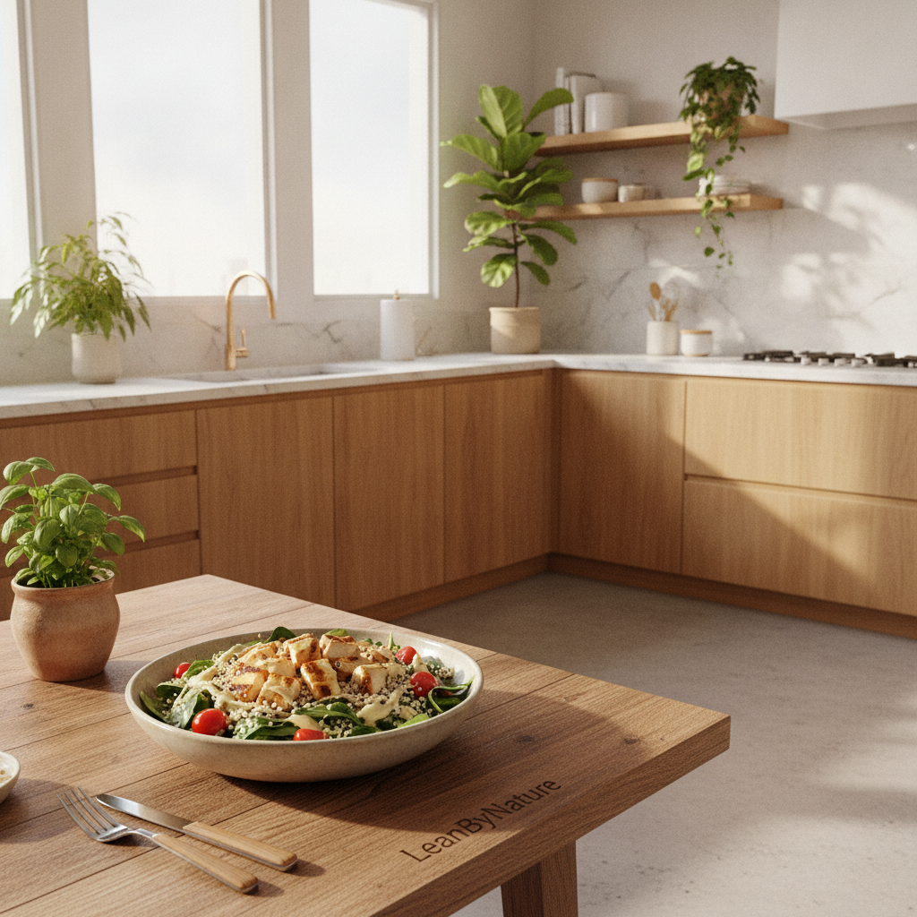 A bright, minimalist kitchen bathed in natural light, featuring white marble countertops, warm oak cabinets, and lush green plants enhancing the atmosphere. In the foreground, a beautifully arranged chicken bowl, filled with diced grilled chicken, vibrant mixed greens, cherry tomatoes, quinoa, and a drizzle of creamy dressing. The bowl is set on a rustic wooden table, elegantly styled with utensils and a small potted herb plant. In the background, large windows allow sunlight to flood the space, casting soft, inviting shadows. The overall mood is fresh and lively, perfect for a nutritious meal. LeanByNature branding is subtly integrated on the wooden table, harmonizing with the kitchen's aesthetic and emphasizing easy, healthy cooking.