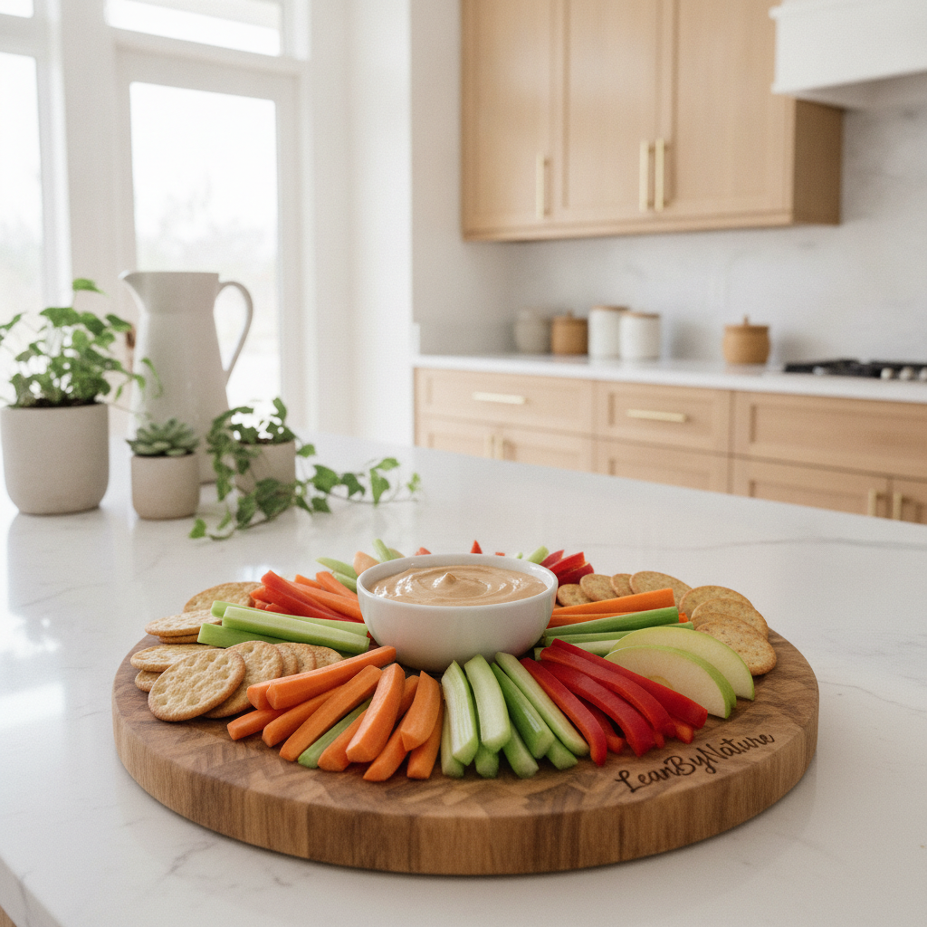 A bright, minimalist kitchen bathed in natural light serves as the setting, showcasing a beautifully arranged platter of easy appetizers featuring Greek Yogurt Peanut Butter Dip. In the foreground, a rustic wooden serving board holds the creamy dip in a small, elegant bowl surrounded by fresh vegetable sticks, apple slices, and whole-grain crackers, all artfully presented. The middle ground includes a stylish marble countertop layered with lush green plants adding a touch of vitality. The background features oak cabinetry, creating a warm, inviting atmosphere. Soft, diffused lighting enhances the freshness of the ingredients, while the image captures the essence of a cozy yet sophisticated gathering. Emphasize the brand "LeanByNature" subtly on the serving board to create a homely and welcoming ambiance.