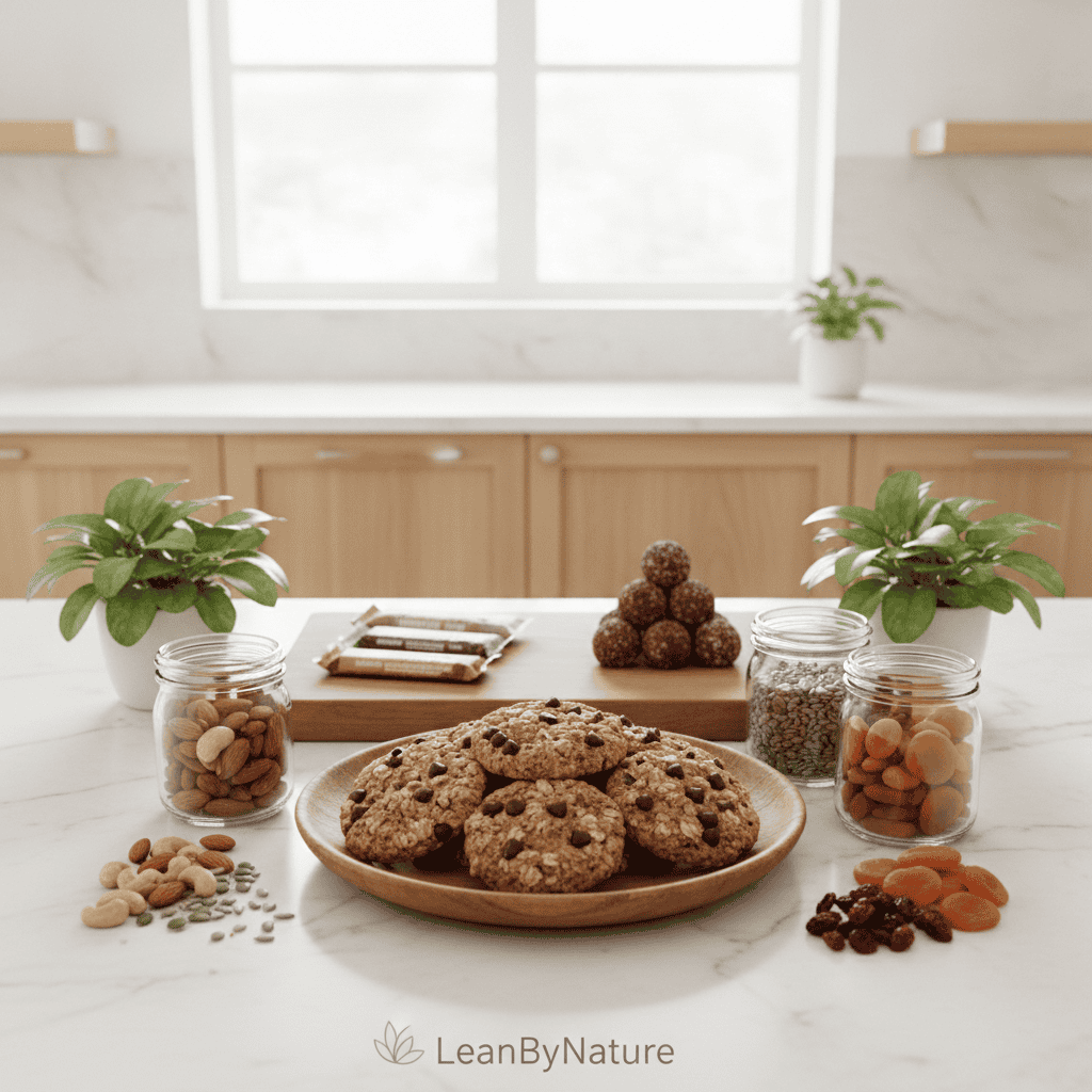 A bright, minimalist kitchen bathed in natural light showcases a variety of easy protein snacks prominently on a marble countertop. In the foreground, a beautifully arranged plate of no-bake protein cookies, made with oats, nut butter, and chocolate chips, takes center stage, exuding a wholesome, inviting aura. Surrounding the cookies are small mason jars filled with nuts, seeds, and dried fruits, adding vibrant pops of color. In the middle ground, an elegant cutting board displays additional snack options, including protein bars and energy bites, while lush green plants peek in from the edges, enhancing the fresh ambiance. The background features oak cabinets that complement the serene color palette. Soft, diffused lighting highlights the textures and details of the snacks, evoking a warm and healthy atmosphere. Brand logo "LeanByNature" is subtly positioned within the scene, reflecting a focus on nutritious eating. A bright, minimalist kitchen bathed in natural light showcases a variety of easy protein snacks prominently on a marble countertop. In the foreground, a beautifully arranged plate of no-bake protein cookies, made with oats, nut butter, and chocolate chips, takes center stage, exuding a wholesome, inviting aura. Surrounding the cookies are small mason jars filled with nuts, seeds, and dried fruits, adding vibrant pops of color. In the middle ground, an elegant cutting board displays additional snack options, including protein bars and energy bites, while lush green plants peek in from the edges, enhancing the fresh ambiance. The background features oak cabinets that complement the serene color palette. Soft, diffused lighting highlights the textures and details of the snacks, evoking a warm and healthy atmosphere. Brand logo "LeanByNature" is subtly positioned within the scene, reflecting a focus on nutritious eating.