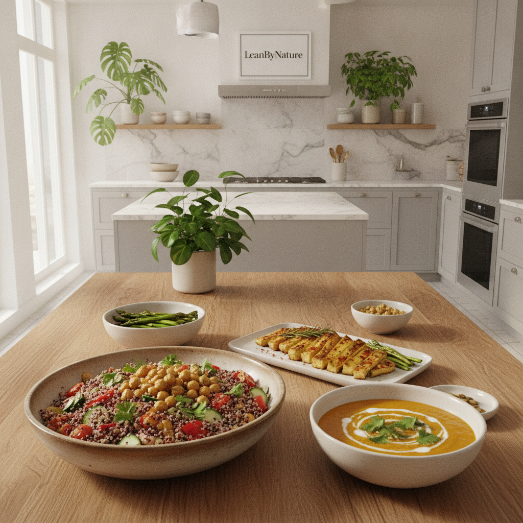 A bright, minimalist kitchen bathed in natural light showcases a wooden oak table laden with an array of colorful vegetarian high-protein dishes. In the foreground, a vibrant quinoa salad mixes with fresh vegetables and topped with chickpeas, exuding a sense of freshness. The middle layer features a bowl of creamy lentil soup and a plate of grilled tofu with herbs, beautifully arranged. Lush green plants accentuate the space, enhancing the atmosphere of warmth and vitality. The background reveals sleek marble countertops and modern kitchen appliances, creating an inviting ambiance. Use soft, diffused lighting to evoke a calm and cheerful mood, ideal for quick and healthy dinner inspiration. Include the brand name "LeanByNature" subtly within the decor, ensuring it harmonizes with the overall scene without being intrusive. A bright, minimalist kitchen bathed in natural light showcases a wooden oak table laden with an array of colorful vegetarian high-protein dishes. In the foreground, a vibrant quinoa salad mixes with fresh vegetables and topped with chickpeas, exuding a sense of freshness. The middle layer features a bowl of creamy lentil soup and a plate of grilled tofu with herbs, beautifully arranged. Lush green plants accentuate the space, enhancing the atmosphere of warmth and vitality. The background reveals sleek marble countertops and modern kitchen appliances, creating an inviting ambiance. Use soft, diffused lighting to evoke a calm and cheerful mood, ideal for quick and healthy dinner inspiration. Include the brand name "LeanByNature" subtly within the decor, ensuring it harmonizes with the overall scene without being intrusive.