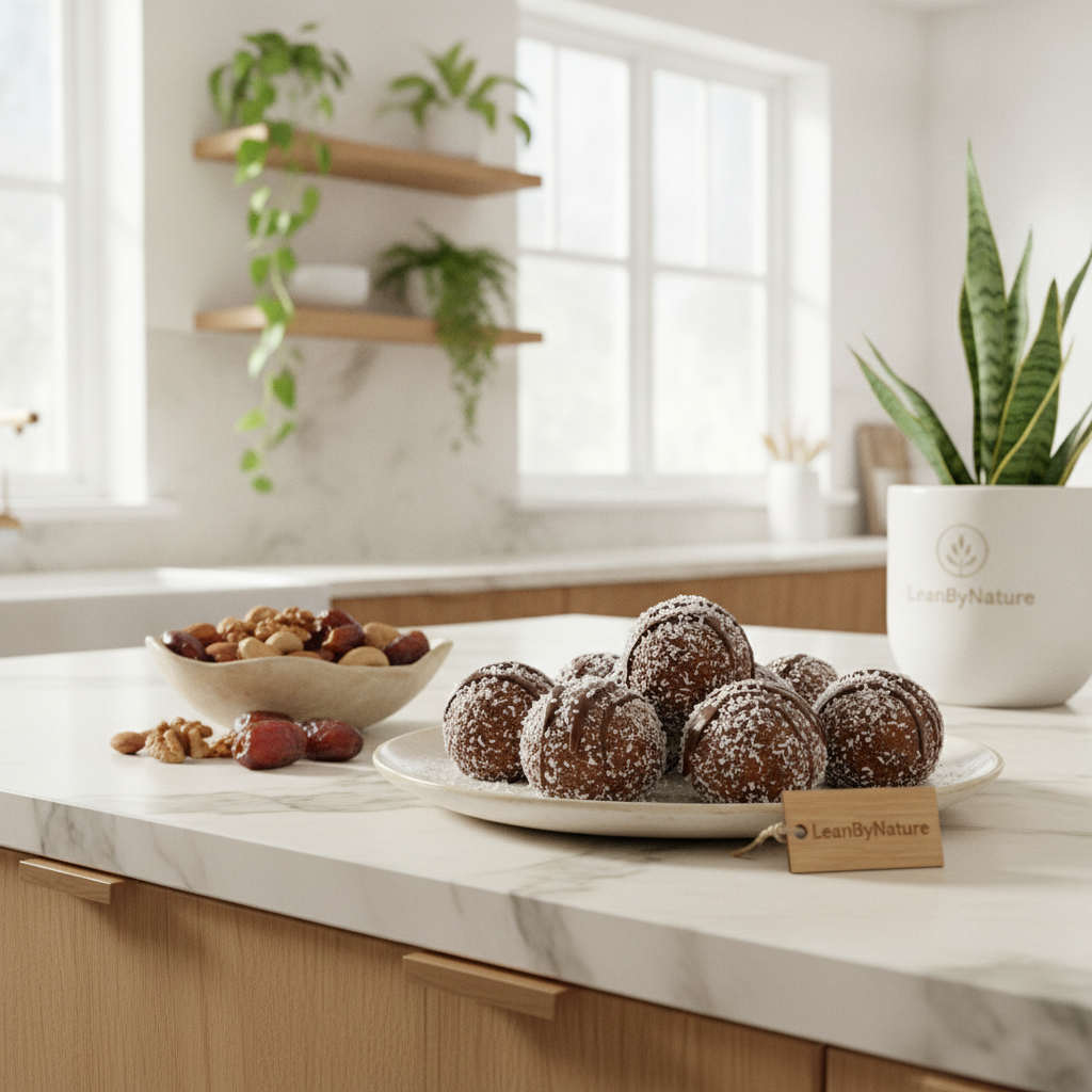 A bright, minimalist kitchen bathed in natural light, showcasing a trendy marble countertop and warm oak cabinetry. In the foreground, a beautifully arranged platter of gluten-free energy balls made from dates, nuts, and seeds, glistening with a light dusting of coconut flakes and drizzled with melted dark chocolate. Nearby, a small bowl of mixed nuts and a handful of fresh dates add a pop of color. Lush green plants in stylish pots provide a touch of nature, enhancing the vibrant atmosphere. The composition captures the essence of healthy customization in energy bites, with a soft focus on the energy balls while the background remains crisp, inviting, and warm. Featuring the brand name "LeanByNature" subtly integrated into the elements of the scene. A bright, minimalist kitchen bathed in natural light, showcasing a trendy marble countertop and warm oak cabinetry. In the foreground, a beautifully arranged platter of gluten-free energy balls made from dates, nuts, and seeds, glistening with a light dusting of coconut flakes and drizzled with melted dark chocolate. Nearby, a small bowl of mixed nuts and a handful of fresh dates add a pop of color. Lush green plants in stylish pots provide a touch of nature, enhancing the vibrant atmosphere. The composition captures the essence of healthy customization in energy bites, with a soft focus on the energy balls while the background remains crisp, inviting, and warm. Featuring the brand name "LeanByNature" subtly integrated into the elements of the scene.