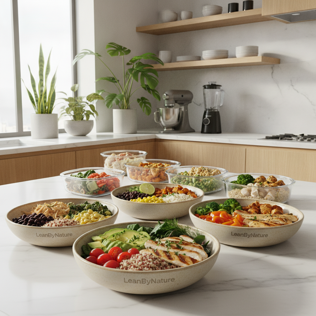 A bright, minimalist kitchen bathed in natural light, showcasing a variety of colorful high-protein chicken bowls on a marble countertop. In the foreground, a beautifully arranged bowl filled with grilled chicken, quinoa, cherry tomatoes, avocado, and leafy greens, garnished with herbs. In the middle, multiple bowls displaying different combinations of protein-rich ingredients like beans, veggies, and grains, all elegantly presented. Surrounding the scene, lush green plants add a fresh vibe. The background features sleek oak cabinetry and modern kitchen tools, enhancing the atmosphere of an organized, inviting space perfect for meal prep. The image conveys a sense of simplicity and health, perfect for busy weekdays. The branding "LeanByNature" is subtly incorporated in the bowl plates.