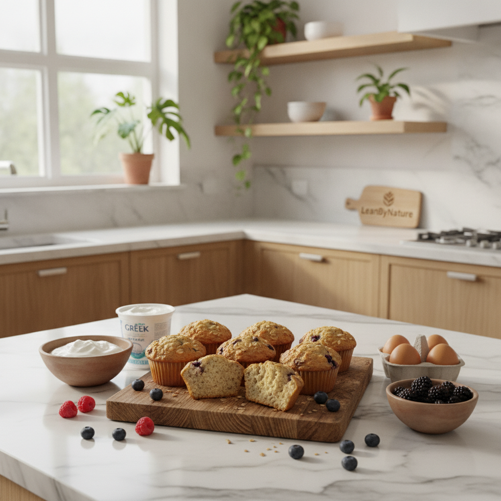 A bright minimalist kitchen bathed in soft natural light, featuring a clean marble countertop and warm oak cabinets. In the foreground, a freshly baked batch of high protein Greek yogurt muffins with a golden-brown crust sits on a rustic wooden board, some with oats sprinkled on top, surrounded by ingredients like Greek yogurt, eggs, and fresh berries. Lush green plants in pots add a vibrant touch to the atmosphere. The muffins are artfully arranged, inviting and wholesome, emphasizing a healthy meal prep vibe. The scene captures a cozy, inviting mood, focusing on the nutritious aspects of the recipe. Shot from a slightly elevated angle to showcase the muffins clearly, with a depth of field emphasizing the foreground. Brand name "LeanByNature" subtly integrated into the kitchen décor.