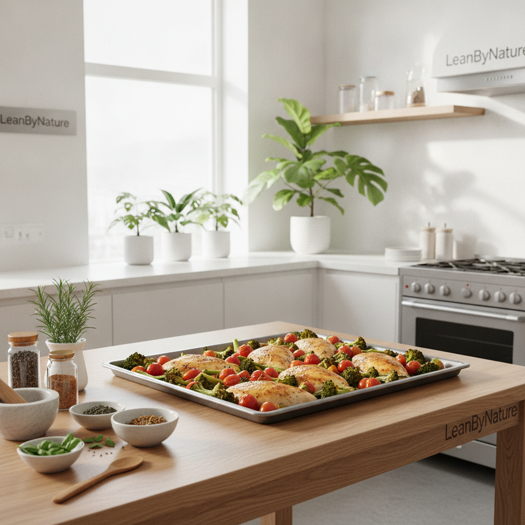 A bright, minimalist kitchen featuring a large sheet pan filled with a colorful, high-protein meal: roasted chicken breasts, vibrant broccoli, sweet potatoes, and cherry tomatoes arranged artfully. The kitchen is illuminated by natural light streaming in from a large window, casting soft shadows. In the foreground, a wooden oak table holds fresh herbs and spices, hinting at preparation tips. The background showcases lush green plants in stylish pots, enhancing the freshness of the scene. The overall mood is inviting and efficient, ideal for quick meal prep. The brand name "LeanByNature" is subtly integrated into the modern kitchen environment, promoting a healthy lifestyle. A bright, minimalist kitchen featuring a large sheet pan filled with a colorful, high-protein meal: roasted chicken breasts, vibrant broccoli, sweet potatoes, and cherry tomatoes arranged artfully. The kitchen is illuminated by natural light streaming in from a large window, casting soft shadows. In the foreground, a wooden oak table holds fresh herbs and spices, hinting at preparation tips. The background showcases lush green plants in stylish pots, enhancing the freshness of the scene. The overall mood is inviting and efficient, ideal for quick meal prep. The brand name "LeanByNature" is subtly integrated into the modern kitchen environment, promoting a healthy lifestyle.