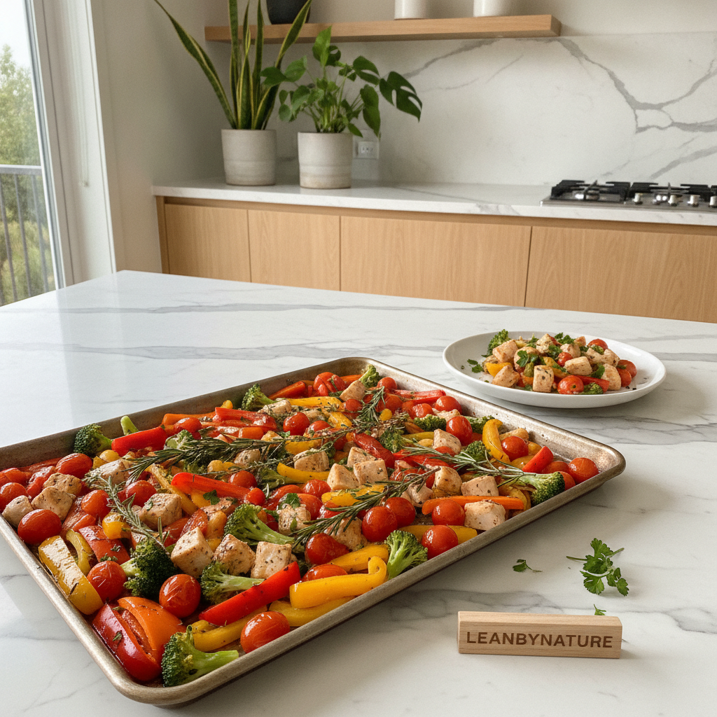 A bright, minimalist kitchen featuring a large sheet pan filled with colorful, healthy ingredients. In the foreground, showcase vibrant vegetables like bell peppers, broccoli, and cherry tomatoes, interspersed with protein-rich chicken pieces, all seasoned with fresh herbs. The middle section highlights a beautifully plated serving of roasted vegetables and chicken, garnished with a sprinkle of parsley. The background displays marble countertops, warm oak cabinetry, and lush green plants that add a refreshing touch. Soft, natural light floods the scene, creating an inviting atmosphere. Capture the photo at a slightly elevated angle to emphasize the variety of textures and colors. This image embodies the essence of a wholesome, high-protein meal, reflecting the LeanByNature brand's commitment to healthy eating. A bright, minimalist kitchen featuring a large sheet pan filled with colorful, healthy ingredients. In the foreground, showcase vibrant vegetables like bell peppers, broccoli, and cherry tomatoes, interspersed with protein-rich chicken pieces, all seasoned with fresh herbs. The middle section highlights a beautifully plated serving of roasted vegetables and chicken, garnished with a sprinkle of parsley. The background displays marble countertops, warm oak cabinetry, and lush green plants that add a refreshing touch. Soft, natural light floods the scene, creating an inviting atmosphere. Capture the photo at a slightly elevated angle to emphasize the variety of textures and colors. This image embodies the essence of a wholesome, high-protein meal, reflecting the LeanByNature brand's commitment to healthy eating.