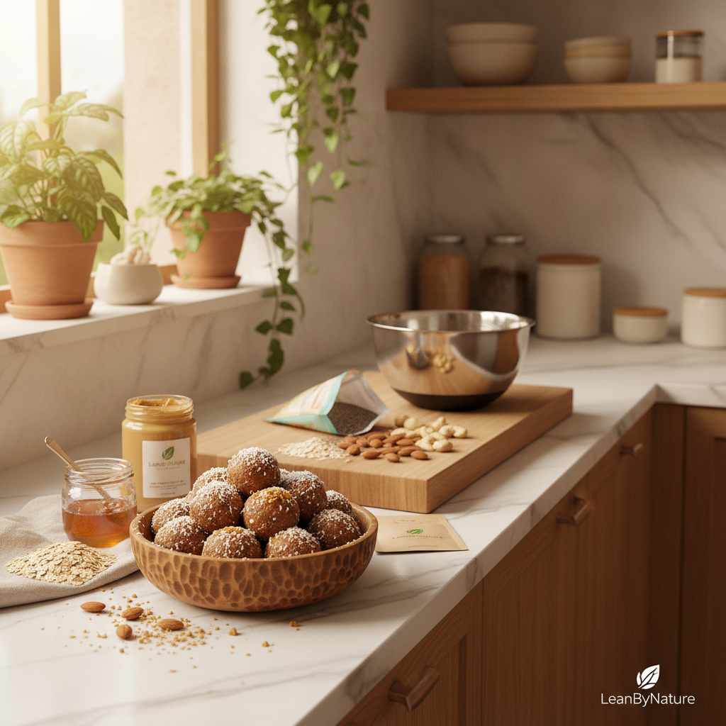A bright, minimalist kitchen featuring a marble countertop and warm oak cabinets. In the foreground, a wooden bowl filled with homemade peanut butter protein balls, adorned with a sprinkle of crushed nuts and coconut flakes. Beside the bowl, there are natural ingredients laid out, such as oats, honey, and peanut butter, beautifully arranged. In the middle ground, a sleek cutting board showcases additional ingredients, with a stainless steel mixing bowl nearby, reflecting the warm sunlight streaming through a window adorned with lush green plants. The background captures a soft focus of kitchen shelves, enhancing the clean, inviting atmosphere. The overall mood is fresh and nurturing, embodying the essence of easy no-bake recipes. A subtle mention of the brand "LeanByNature" can be incorporated through a stylish product placement on the countertop, ensuring brand visibility without disrupting the tranquil environment. A bright, minimalist kitchen featuring a marble countertop and warm oak cabinets. In the foreground, a wooden bowl filled with homemade peanut butter protein balls, adorned with a sprinkle of crushed nuts and coconut flakes. Beside the bowl, there are natural ingredients laid out, such as oats, honey, and peanut butter, beautifully arranged. In the middle ground, a sleek cutting board showcases additional ingredients, with a stainless steel mixing bowl nearby, reflecting the warm sunlight streaming through a window adorned with lush green plants. The background captures a soft focus of kitchen shelves, enhancing the clean, inviting atmosphere. The overall mood is fresh and nurturing, embodying the essence of easy no-bake recipes. A subtle mention of the brand "LeanByNature" can be incorporated through a stylish product placement on the countertop, ensuring brand visibility without disrupting the tranquil environment.