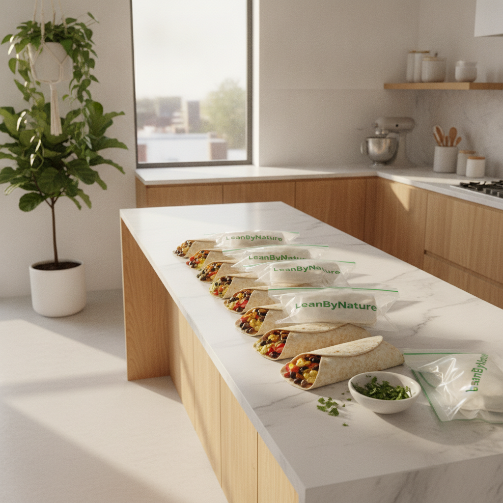 A bright, minimalist kitchen featuring a spacious marble countertop paired with warm oak cabinetry. In the foreground, a neatly arranged collection of high-protein breakfast burritos is prepped for storage, with vibrant ingredients like scrambled eggs, black beans, and diced peppers peeking out. Several burritos are wrapped in clear, reusable freezer bags, prominently showcasing the brand "LeanByNature". Lush green plants are positioned strategically to add freshness to the scene. The middle of the kitchen is filled with soft morning sunlight streaming through a window, casting gentle shadows that enhance the inviting atmosphere. The background displays elegant kitchen tools and a subtle hint of urban decor, creating a cozy yet modern vibe, inviting readers to embrace make-ahead protein breakfasts with ease. A bright, minimalist kitchen featuring a spacious marble countertop paired with warm oak cabinetry. In the foreground, a neatly arranged collection of high-protein breakfast burritos is prepped for storage, with vibrant ingredients like scrambled eggs, black beans, and diced peppers peeking out. Several burritos are wrapped in clear, reusable freezer bags, prominently showcasing the brand "LeanByNature". Lush green plants are positioned strategically to add freshness to the scene. The middle of the kitchen is filled with soft morning sunlight streaming through a window, casting gentle shadows that enhance the inviting atmosphere. The background displays elegant kitchen tools and a subtle hint of urban decor, creating a cozy yet modern vibe, inviting readers to embrace make-ahead protein breakfasts with ease.
