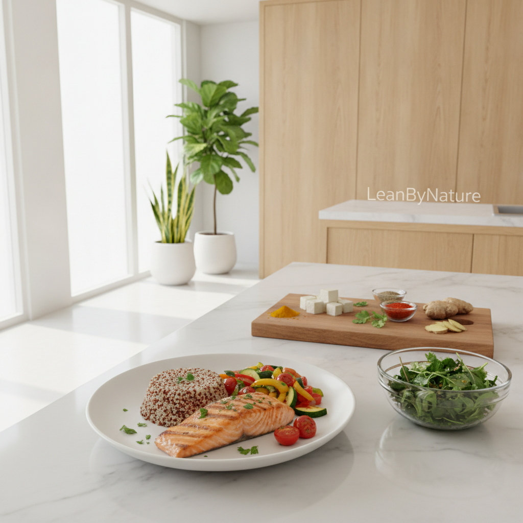A bright minimalist kitchen featuring marble countertops and warm oak cabinetry, filled with natural light filtering through large windows. In the foreground, an elegantly plated high-protein dinner display featuring grilled salmon, quinoa, and a vibrant medley of sautéed vegetables, garnished with fresh herbs. A bowl of mixed greens with a light vinaigrette sits nearby. In the middle, a wooden cutting board showcases chunks of tofu and neatly arranged spices and ingredients for preparing additional meals. The background is softly blurred, highlighting lush green plants that add a touch of life to the space. The atmosphere is inviting and health-conscious, emphasizing the theme of easy, nutritious cooking. LeanByNature branding subtly integrated into the kitchen décor. A bright minimalist kitchen featuring marble countertops and warm oak cabinetry, filled with natural light filtering through large windows. In the foreground, an elegantly plated high-protein dinner display featuring grilled salmon, quinoa, and a vibrant medley of sautéed vegetables, garnished with fresh herbs. A bowl of mixed greens with a light vinaigrette sits nearby. In the middle, a wooden cutting board showcases chunks of tofu and neatly arranged spices and ingredients for preparing additional meals. The background is softly blurred, highlighting lush green plants that add a touch of life to the space. The atmosphere is inviting and health-conscious, emphasizing the theme of easy, nutritious cooking. LeanByNature branding subtly integrated into the kitchen décor.