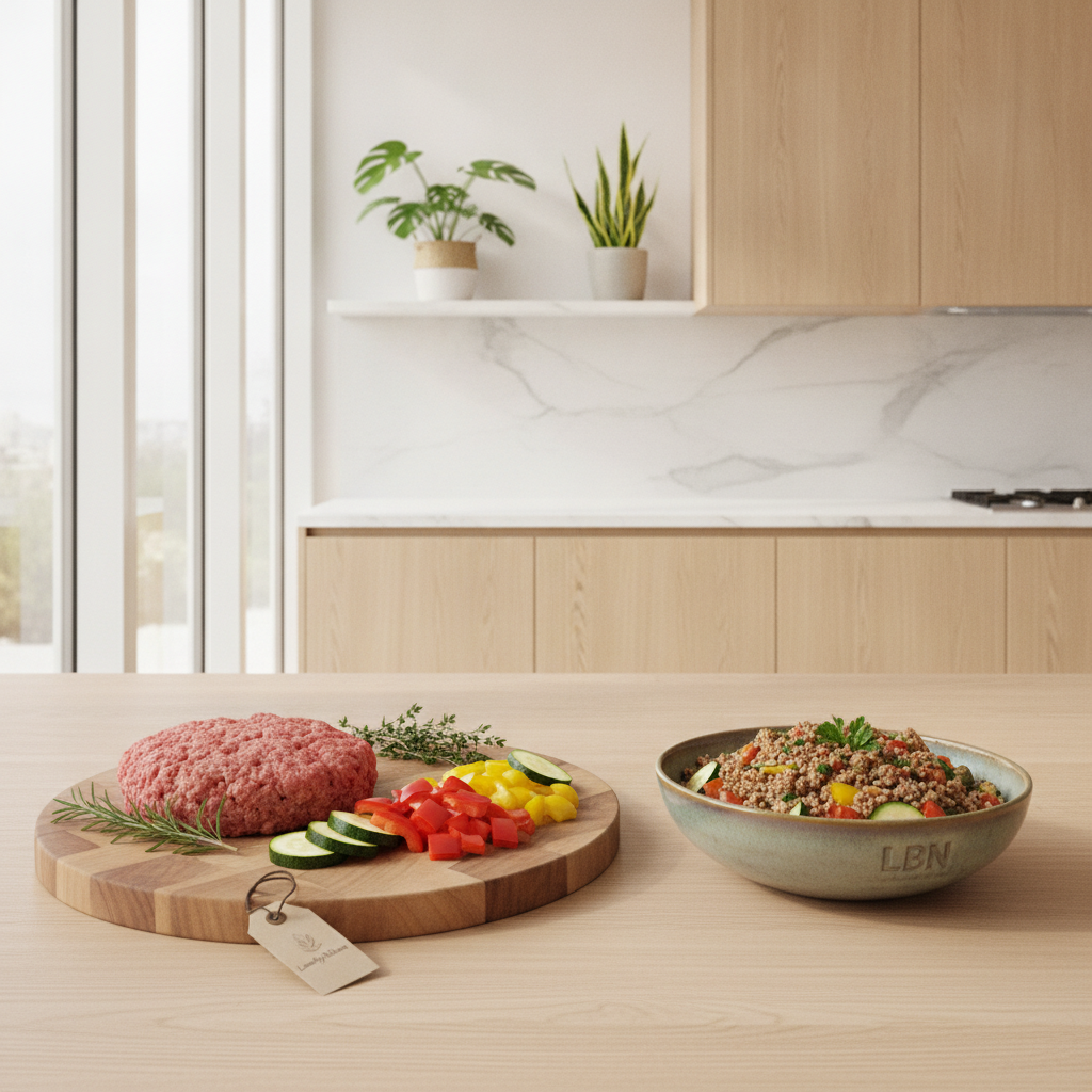 A bright, minimalist kitchen featuring natural light streaming through large windows. In the foreground, a wooden cutting board displays neatly arranged ingredients for a ground beef bowl, including lean ground beef, fresh vegetables like bell peppers and zucchini, and aromatic herbs. The middle layer showcases a beautiful bowl filled with a colorful mix of cooked ground beef, quinoa, and vibrant vegetables, garnished with a sprinkle of fresh herbs. In the background, sleek marble countertops and oak cabinetry create an inviting atmosphere, accented by lush green plants that add a touch of nature. The overall mood is fresh and healthy, perfect for illustrating "Choosing the Right Ground Beef." Include subtle branding elements that suggest "LeanByNature" to reinforce the theme of nutritious meal preparation. The image should capture a professional yet warm and welcoming aesthetic.