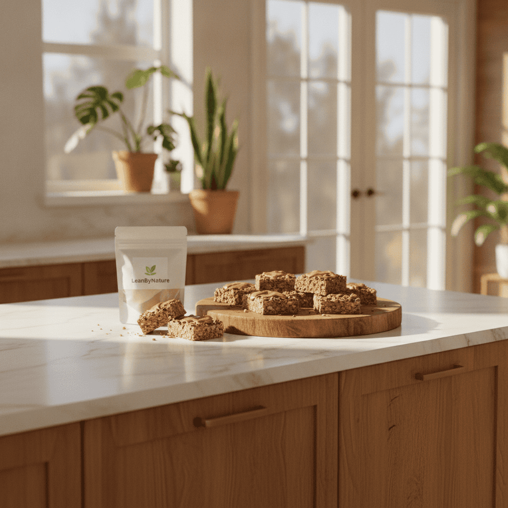 A bright, minimalist kitchen featuring natural light streaming through large windows, illuminating a marble countertop and rustic oak cabinets. In the foreground, an inviting display of homemade no-bake protein bars with peanut butter, cut into squares and artfully arranged on a wooden board. Lush green plants are positioned in the background, adding a touch of freshness to the atmosphere. The LeanByNature logo is subtly incorporated into the scene, perhaps on the packaging of the protein bars. The composition is balanced, with a shallow depth of field to create a soft bokeh effect in the background. The mood is warm and inviting, perfect for a healthy snack inspiration, capturing the essence of simplicity and nutrition without any distractions. A bright, minimalist kitchen featuring natural light streaming through large windows, illuminating a marble countertop and rustic oak cabinets. In the foreground, an inviting display of homemade no-bake protein bars with peanut butter, cut into squares and artfully arranged on a wooden board. Lush green plants are positioned in the background, adding a touch of freshness to the atmosphere. The LeanByNature logo is subtly incorporated into the scene, perhaps on the packaging of the protein bars. The composition is balanced, with a shallow depth of field to create a soft bokeh effect in the background. The mood is warm and inviting, perfect for a healthy snack inspiration, capturing the essence of simplicity and nutrition without any distractions.