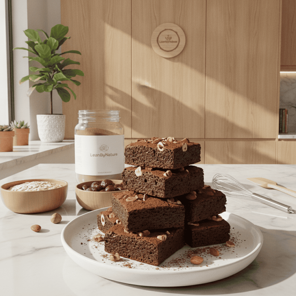 A bright, minimalist kitchen filled with natural light, featuring sleek marble countertops and warm oak cabinetry. In the foreground, a tempting plate of no-bake chocolate protein brownies, rich in texture and topped with a light dusting of cocoa powder and chopped nuts, is artistically arranged. Lush green plants in stylish pots add a fresh, vibrant touch to the scene. In the background, there are cooking utensils and ingredients suggestively placed, hinting at the step-by-step preparation process. The overall atmosphere is inviting and warm, ideal for inspiring healthy cooking. Capture the brand "LeanByNature" subtly reflected in the kitchen decor. The angle should be slightly overhead, focusing on the brownies to showcase their deliciousness in an appetizing light. A bright, minimalist kitchen filled with natural light, featuring sleek marble countertops and warm oak cabinetry. In the foreground, a tempting plate of no-bake chocolate protein brownies, rich in texture and topped with a light dusting of cocoa powder and chopped nuts, is artistically arranged. Lush green plants in stylish pots add a fresh, vibrant touch to the scene. In the background, there are cooking utensils and ingredients suggestively placed, hinting at the step-by-step preparation process. The overall atmosphere is inviting and warm, ideal for inspiring healthy cooking. Capture the brand "LeanByNature" subtly reflected in the kitchen decor. The angle should be slightly overhead, focusing on the brownies to showcase their deliciousness in an appetizing light.