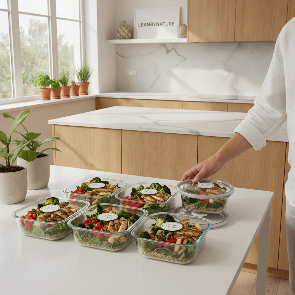 A bright, minimalist kitchen filled with natural light, showcasing a marble countertop and warm oak cabinetry. In the foreground, an array of high-protein chicken meal prep bowls, expertly arranged with grilled chicken, quinoa, vibrant vegetables, and a sprinkle of herbs. Each bowl is neatly labeled and set on a simple, white kitchen table adorned with lush green plants for a fresh touch. In the middle ground, a hand wearing professional, modest casual attire is seen arranging the bowls, conveying a sense of organization and efficiency. The background shows idyllic kitchen elements like a small herb garden by the window. The atmosphere is calm, inviting, and focused on time-saving meal prep strategies. The brand name "LeanByNature" is subtly incorporated into the aesthetic of the kitchen decor, reflecting a healthy lifestyle.
