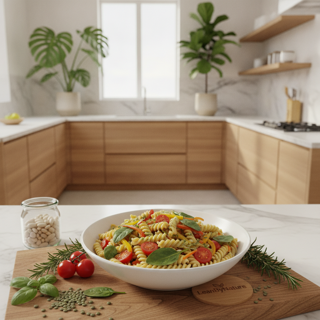 A bright, minimalist kitchen set in a natural light-filled space, featuring sleek marble countertops and warm oak cabinetry. In the foreground, a beautifully arranged bowl of protein-rich pasta garnished with colorful vegetables like spinach, cherry tomatoes, and bell peppers, drizzled with a light, aromatic sauce. Surrounding the bowl are fresh ingredients, including herbs and legumes, artistically displayed. In the background, vibrant green plants add a touch of nature, enhancing the fresh appeal. The composition conveys a warm and inviting atmosphere, with soft, natural lighting highlighting the textures of the food. The image embodies a healthy cooking vibe with the brand name "LeanByNature" subtly integrated into the scene. Shot with a shallow depth of field, focusing on the pasta, creating an inviting culinary experience. A bright, minimalist kitchen set in a natural light-filled space, featuring sleek marble countertops and warm oak cabinetry. In the foreground, a beautifully arranged bowl of protein-rich pasta garnished with colorful vegetables like spinach, cherry tomatoes, and bell peppers, drizzled with a light, aromatic sauce. Surrounding the bowl are fresh ingredients, including herbs and legumes, artistically displayed. In the background, vibrant green plants add a touch of nature, enhancing the fresh appeal. The composition conveys a warm and inviting atmosphere, with soft, natural lighting highlighting the textures of the food. The image embodies a healthy cooking vibe with the brand name "LeanByNature" subtly integrated into the scene. Shot with a shallow depth of field, focusing on the pasta, creating an inviting culinary experience.