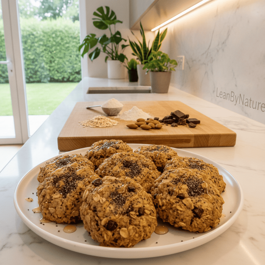 A bright, minimalist kitchen setting with abundant natural light shining through large windows. The foreground features a plate of freshly made no-bake protein cookies, beautifully arranged and topped with a sprinkle of chia seeds and a drizzle of honey, showcasing their texture and ingredients. In the middle, a wooden cutting board holds additional cookie ingredients such as oats, protein powder, and nuts, adding depth and context. The background displays a sleek marble countertop with an assortment of lush green plants, enhancing the fresh and healthy vibe. A subtle hint of the brand name "LeanByNature" is integrated into the design of the kitchen, conveying a clean and inviting atmosphere. Soft, warm lighting creates an inviting mood, highlighting the wholesome quality of the cookies. The image is captured with a slightly angled lens for a dynamic perspective, focusing on the cookies as the centerpiece. A bright, minimalist kitchen setting with abundant natural light shining through large windows. The foreground features a plate of freshly made no-bake protein cookies, beautifully arranged and topped with a sprinkle of chia seeds and a drizzle of honey, showcasing their texture and ingredients. In the middle, a wooden cutting board holds additional cookie ingredients such as oats, protein powder, and nuts, adding depth and context. The background displays a sleek marble countertop with an assortment of lush green plants, enhancing the fresh and healthy vibe. A subtle hint of the brand name "LeanByNature" is integrated into the design of the kitchen, conveying a clean and inviting atmosphere. Soft, warm lighting creates an inviting mood, highlighting the wholesome quality of the cookies. The image is captured with a slightly angled lens for a dynamic perspective, focusing on the cookies as the centerpiece.
