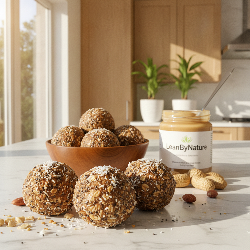 A close-up image of gluten-free protein balls made with peanut butter, displayed elegantly on a white marble countertop. The foreground features several protein balls, with a texture that showcases their nutty, grainy surface, sprinkled with a hint of chia seeds and coconut flakes. In the middle ground, a small wooden bowl holds additional protein balls, surrounded by raw peanuts and a jar labeled "LeanByNature" filled with creamy peanut butter. In the background, a bright, minimalist kitchen is visible, with warm oak cabinets, lush green plants adding freshness, and sunlight streaming through a window, creating an inviting atmosphere. Soft natural lighting highlights the textures and colors of the ingredients, capturing the healthy, wholesome essence of the snack. A close-up image of gluten-free protein balls made with peanut butter, displayed elegantly on a white marble countertop. The foreground features several protein balls, with a texture that showcases their nutty, grainy surface, sprinkled with a hint of chia seeds and coconut flakes. In the middle ground, a small wooden bowl holds additional protein balls, surrounded by raw peanuts and a jar labeled "LeanByNature" filled with creamy peanut butter. In the background, a bright, minimalist kitchen is visible, with warm oak cabinets, lush green plants adding freshness, and sunlight streaming through a window, creating an inviting atmosphere. Soft natural lighting highlights the textures and colors of the ingredients, capturing the healthy, wholesome essence of the snack.