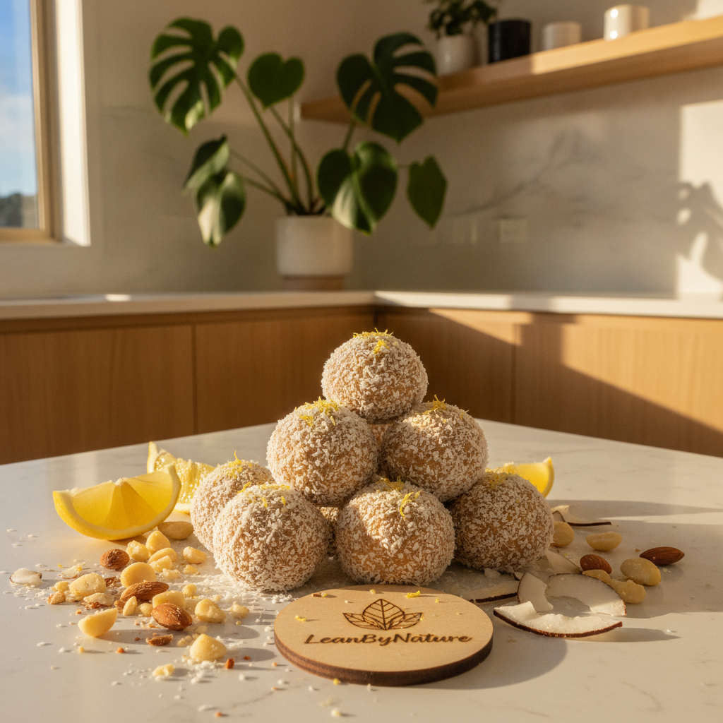 A close-up view of homemade Lemon Coconut Protein Balls arranged on a marble countertop in a bright, minimalist kitchen. The protein balls are coated in shredded coconut, with a glistening lemon zest on top, surrounded by scattered ingredients like crushed nuts and lemon slices. In the background, lush green plants add a touch of nature, while natural light streams in, creating soft shadows and enhancing the freshness of the scene. The kitchen features warm oak accents, contributing to a cozy atmosphere. The LeanByNature brand logo is subtly incorporated into the setting for context. The overall mood conveys health and vitality, inviting viewers to explore nutritious variations and add-ons to this delightful snack.