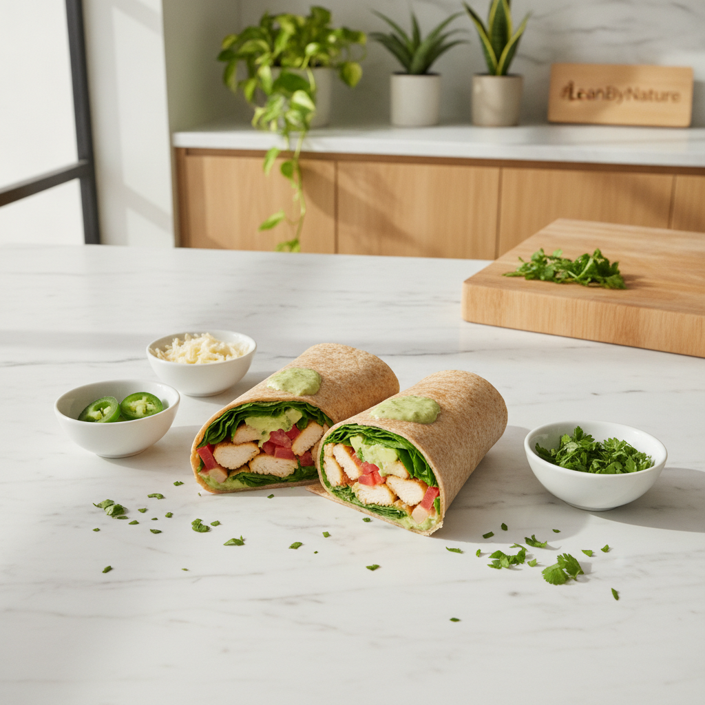 A high-protein chicken wrap on a white marble countertop, beautifully presented in a whole wheat tortilla filled with grilled chicken slices, fresh spinach, diced tomatoes, and a dollop of creamy avocado dressing. The wrap is neatly sliced in half, showcasing its colorful ingredients. Surrounding it are small bowls of additional toppings like sliced jalapeños, shredded cheese, and a sprinkle of herbs. The scene is set in a bright, minimalist kitchen adorned with oak cabinets and lush green plants in the background, suggesting a healthy lifestyle. Soft natural light streams in from a nearby window, casting gentle shadows. In the corner, a subtle branding of "LeanByNature" is elegantly incorporated into the kitchen decor, creating an inviting and vibrant atmosphere. A high-protein chicken wrap on a white marble countertop, beautifully presented in a whole wheat tortilla filled with grilled chicken slices, fresh spinach, diced tomatoes, and a dollop of creamy avocado dressing. The wrap is neatly sliced in half, showcasing its colorful ingredients. Surrounding it are small bowls of additional toppings like sliced jalapeños, shredded cheese, and a sprinkle of herbs. The scene is set in a bright, minimalist kitchen adorned with oak cabinets and lush green plants in the background, suggesting a healthy lifestyle. Soft natural light streams in from a nearby window, casting gentle shadows. In the corner, a subtle branding of "LeanByNature" is elegantly incorporated into the kitchen decor, creating an inviting and vibrant atmosphere.