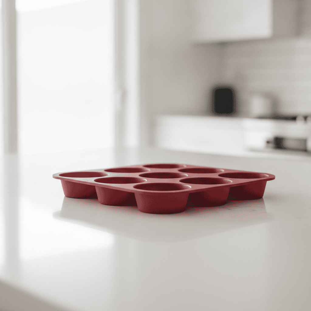 A high-quality 12-cup silicone muffin pan sitting on a clean, modern kitchen counter, bright natural lighting, professional food photography style, depth of field.