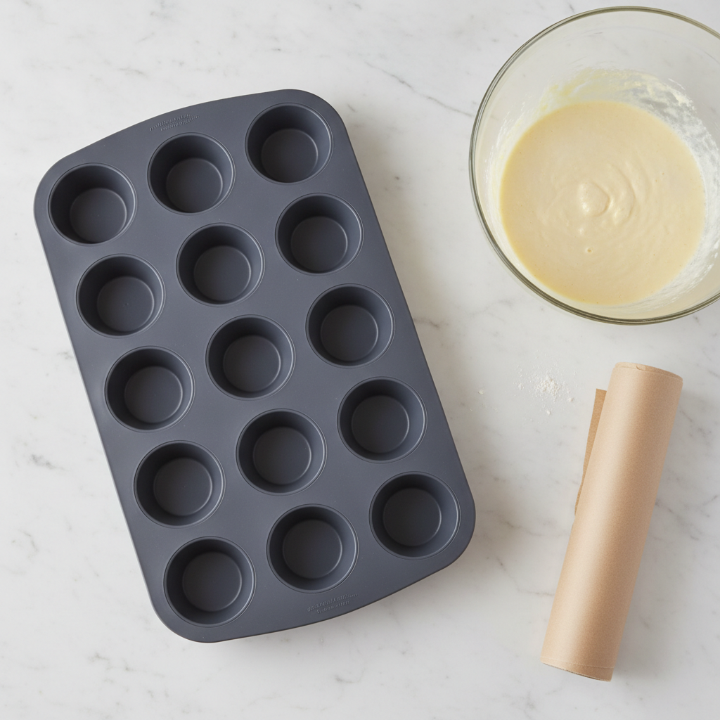 A high-quality non-stick 12-cup silicone muffin pan placed on a white marble kitchen counter next to a glass mixing bowl and a roll of parchment paper, soft natural lighting, top-down view.