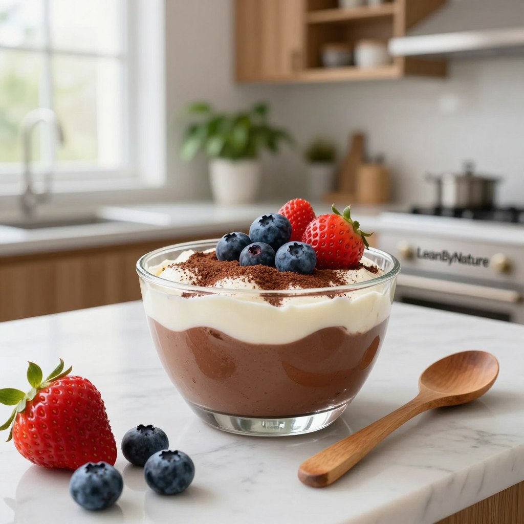 A luxurious high-protein dessert, specifically a rich cottage cheese chocolate mousse, elegantly presented in a sleek glass bowl. The mousse is topped with a sprinkle of cocoa powder and adorned with fresh berries, creating a delightful visual contrast. In the foreground, vibrant strawberries and blueberries emphasize freshness, while in the middle, a simple wooden spoon rests beside the dessert, inviting a taste. The background features a bright minimalist kitchen, bathed in natural light from large windows, showcasing marble countertops and oak cabinets, complemented by lush green plants adding a touch of life. The mood is uplifting and inviting, evoking a sense of healthiness and indulgence at the same time. The brand name "LeanByNature" is subtly included in the setting, enhancing the high-protein theme. The shot is taken from a slightly elevated angle to capture all elements beautifully. A luxurious high-protein dessert, specifically a rich cottage cheese chocolate mousse, elegantly presented in a sleek glass bowl. The mousse is topped with a sprinkle of cocoa powder and adorned with fresh berries, creating a delightful visual contrast. In the foreground, vibrant strawberries and blueberries emphasize freshness, while in the middle, a simple wooden spoon rests beside the dessert, inviting a taste. The background features a bright minimalist kitchen, bathed in natural light from large windows, showcasing marble countertops and oak cabinets, complemented by lush green plants adding a touch of life. The mood is uplifting and inviting, evoking a sense of healthiness and indulgence at the same time. The brand name "LeanByNature" is subtly included in the setting, enhancing the high-protein theme. The shot is taken from a slightly elevated angle to capture all elements beautifully.