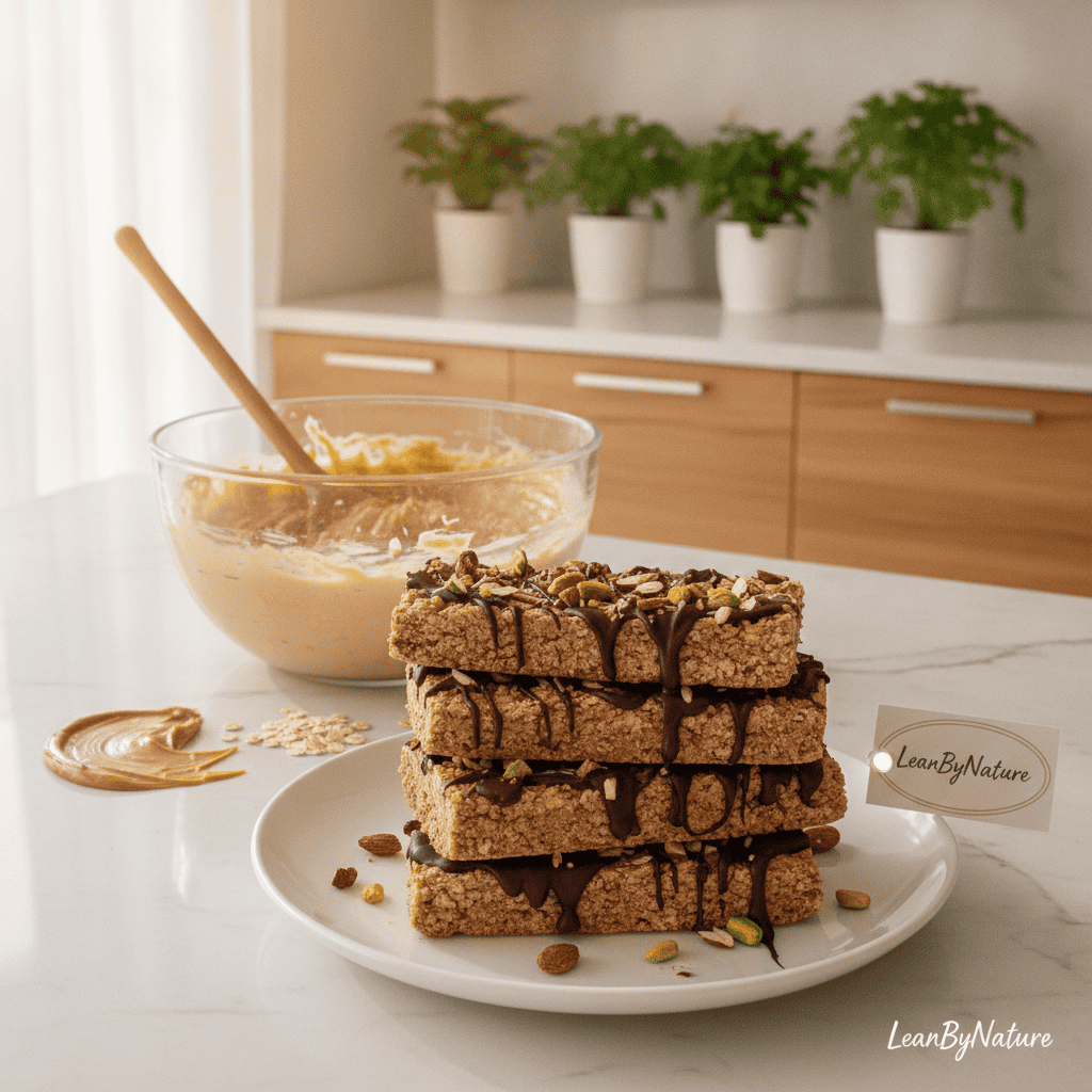 A stunning, step-by-step visual guide to creating no-bake protein bars with peanut butter, presented in a bright, minimalist kitchen setting. In the foreground, show a beautifully arranged plate of freshly made protein bars, topped with chopped nuts and drizzled with melted chocolate. The middle layer features an elegant mixing bowl filled with peanut butter, oats, and honey, with a wooden spoon resting beside it. In the background, let lush green plants bring a touch of freshness, complemented by a sleek marble countertop and warm oak cabinetry, all illuminated by soft, natural light. The atmosphere is inviting and healthy, highlighting the brand "LeanByNature" in a subtle way. The image should have a cozy yet vibrant feel, emphasizing the simplicity and deliciousness of the recipe. A stunning, step-by-step visual guide to creating no-bake protein bars with peanut butter, presented in a bright, minimalist kitchen setting. In the foreground, show a beautifully arranged plate of freshly made protein bars, topped with chopped nuts and drizzled with melted chocolate. The middle layer features an elegant mixing bowl filled with peanut butter, oats, and honey, with a wooden spoon resting beside it. In the background, let lush green plants bring a touch of freshness, complemented by a sleek marble countertop and warm oak cabinetry, all illuminated by soft, natural light. The atmosphere is inviting and healthy, highlighting the brand "LeanByNature" in a subtle way. The image should have a cozy yet vibrant feel, emphasizing the simplicity and deliciousness of the recipe.