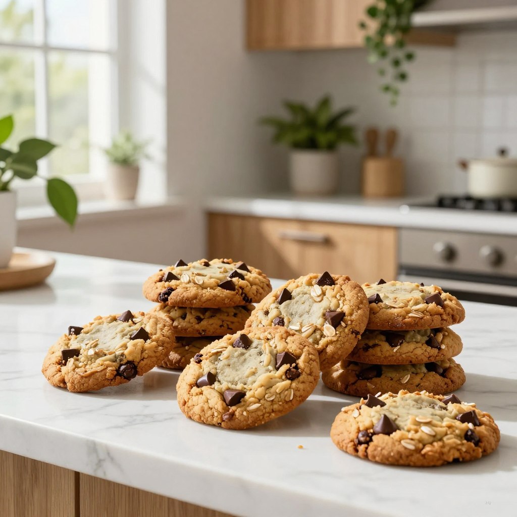 A vibrant and inviting scene of gluten-free high-protein cookies arranged beautifully on a marble countertop in a bright, minimalist kitchen. The cookies are golden-brown, soft, and chunky, featuring visible chocolate chips and oats, with a few cookies stacked artistically. Surrounding the cookies are lush green plants, adding a fresh touch to the warm atmosphere. Soft natural light filters through a nearby window, casting gentle shadows that highlight the textures of the cookies and the elegance of the oak cabinetry in the background. The brand name "LeanByNature" is subtly incorporated into the scene as a tasteful detail. The mood is wholesome and inviting, ideal for showcasing healthier treats.